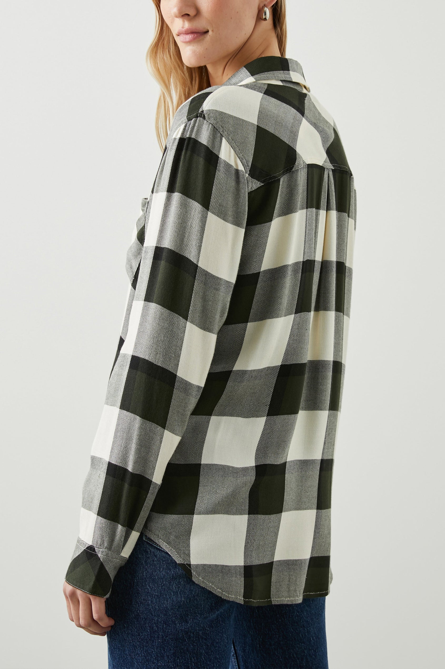 Hunter Long-Sleeve Button Up with a Chest Patch Pocket in Rosemary Onyx Colorway, cream and black plaid - Back View Featured on Model