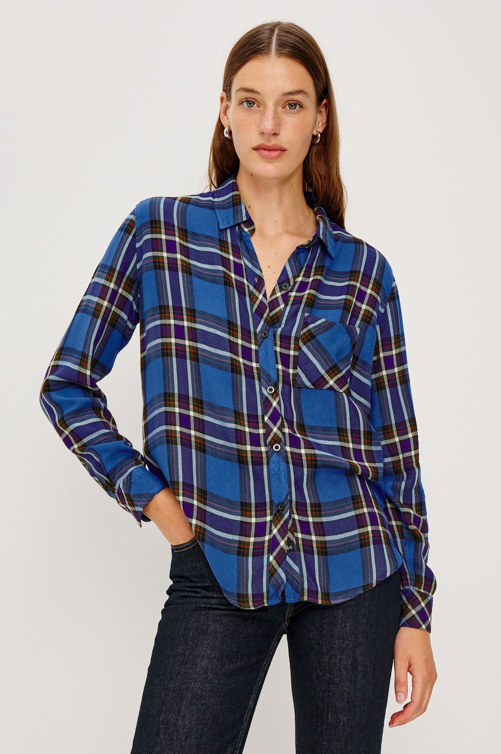 Hunter Long-Sleeve Button Up with a Chest Patch Pocket in Sapphire Indigo Colorway, plaid - Front View Featured on Model