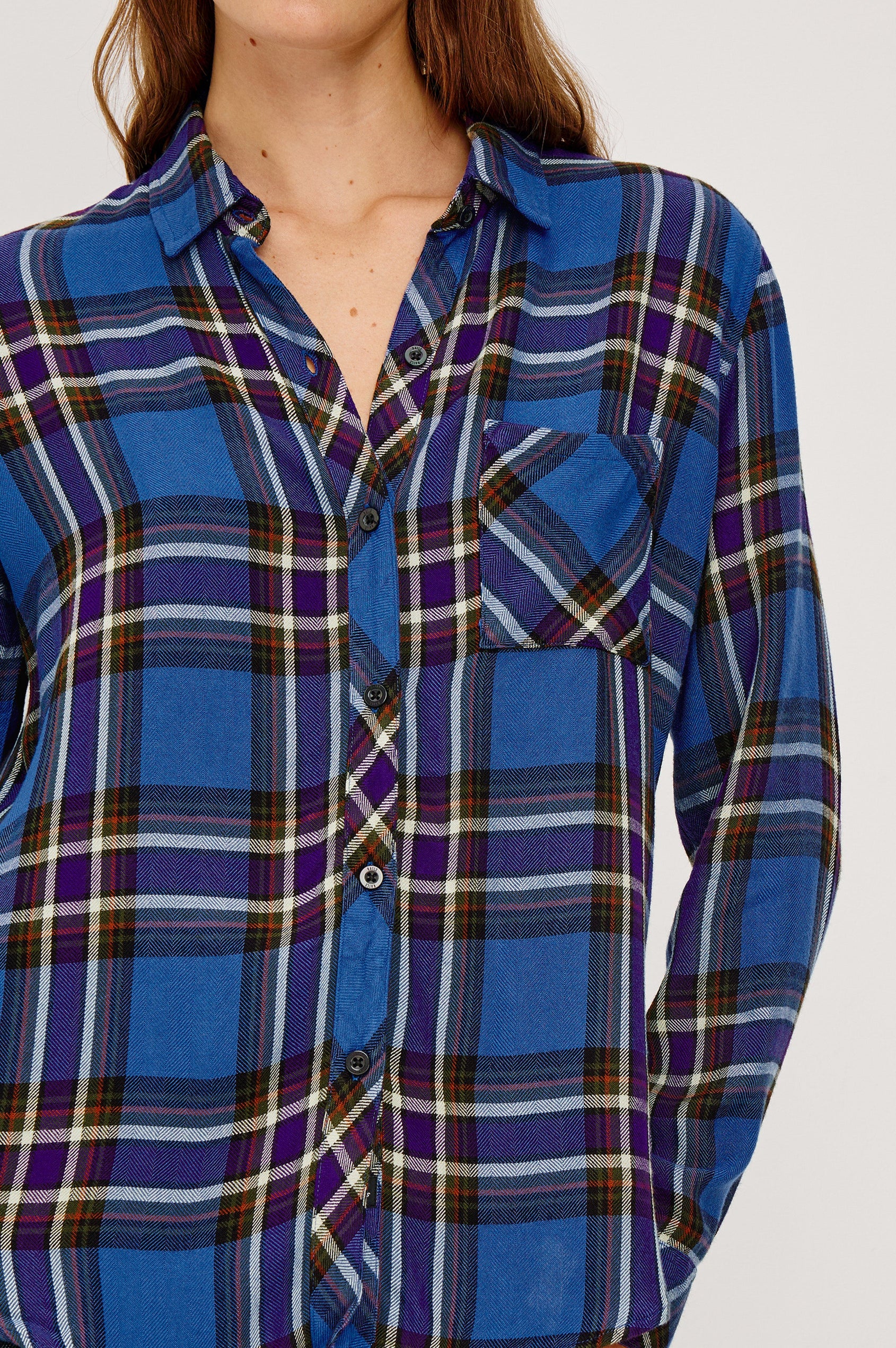 Hunter Long-Sleeve Button Up with a Chest Patch Pocket in Sapphire Indigo Colorway, plaid - Close up View Featured on Model