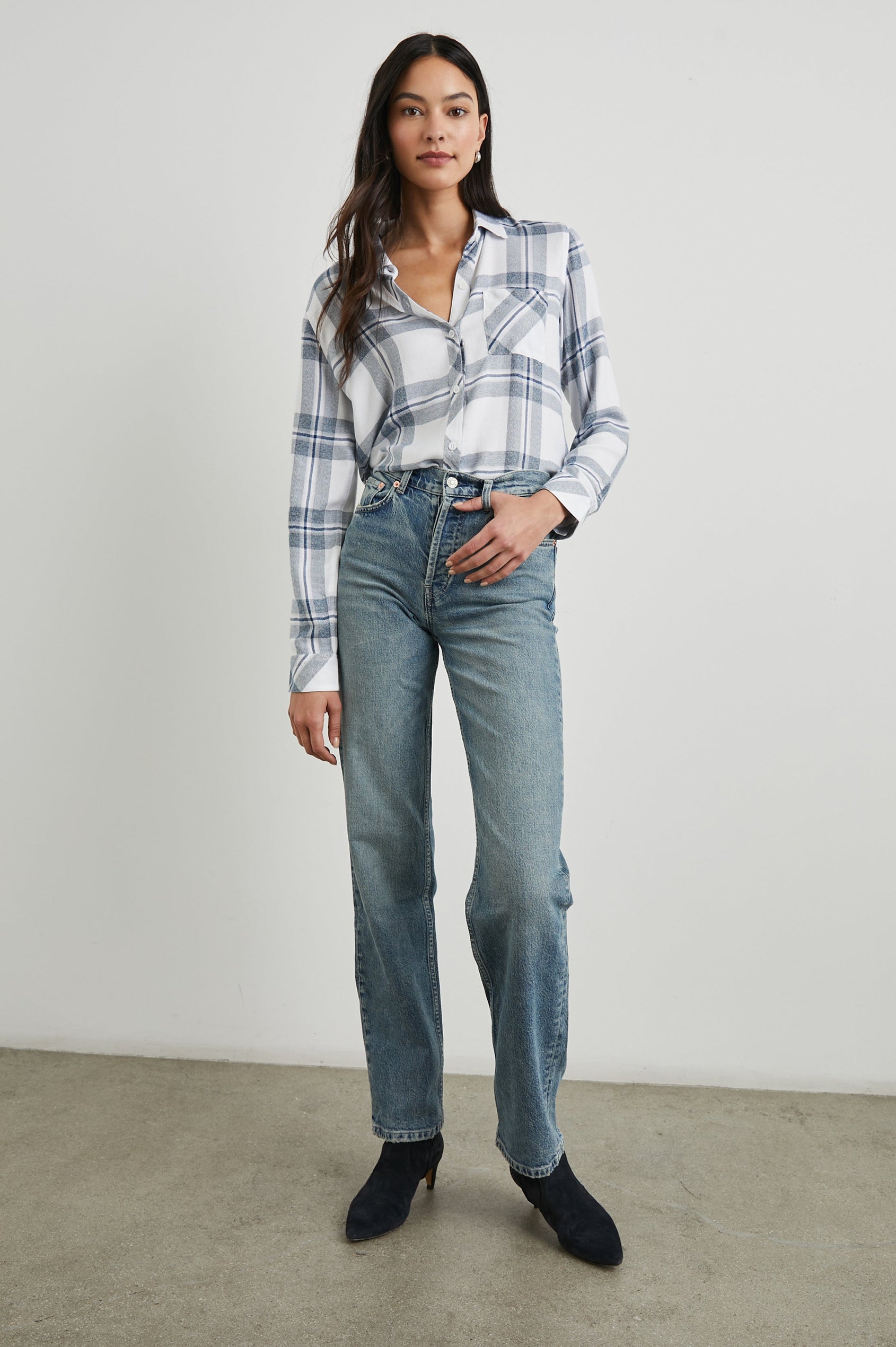 Hunter Long-Sleeve Button Up with a Chest Patch Pocket in Wild Indigo Melange Colorway, Wild Indigo and White plaid - Front Tucked Full Body View Featured on Model