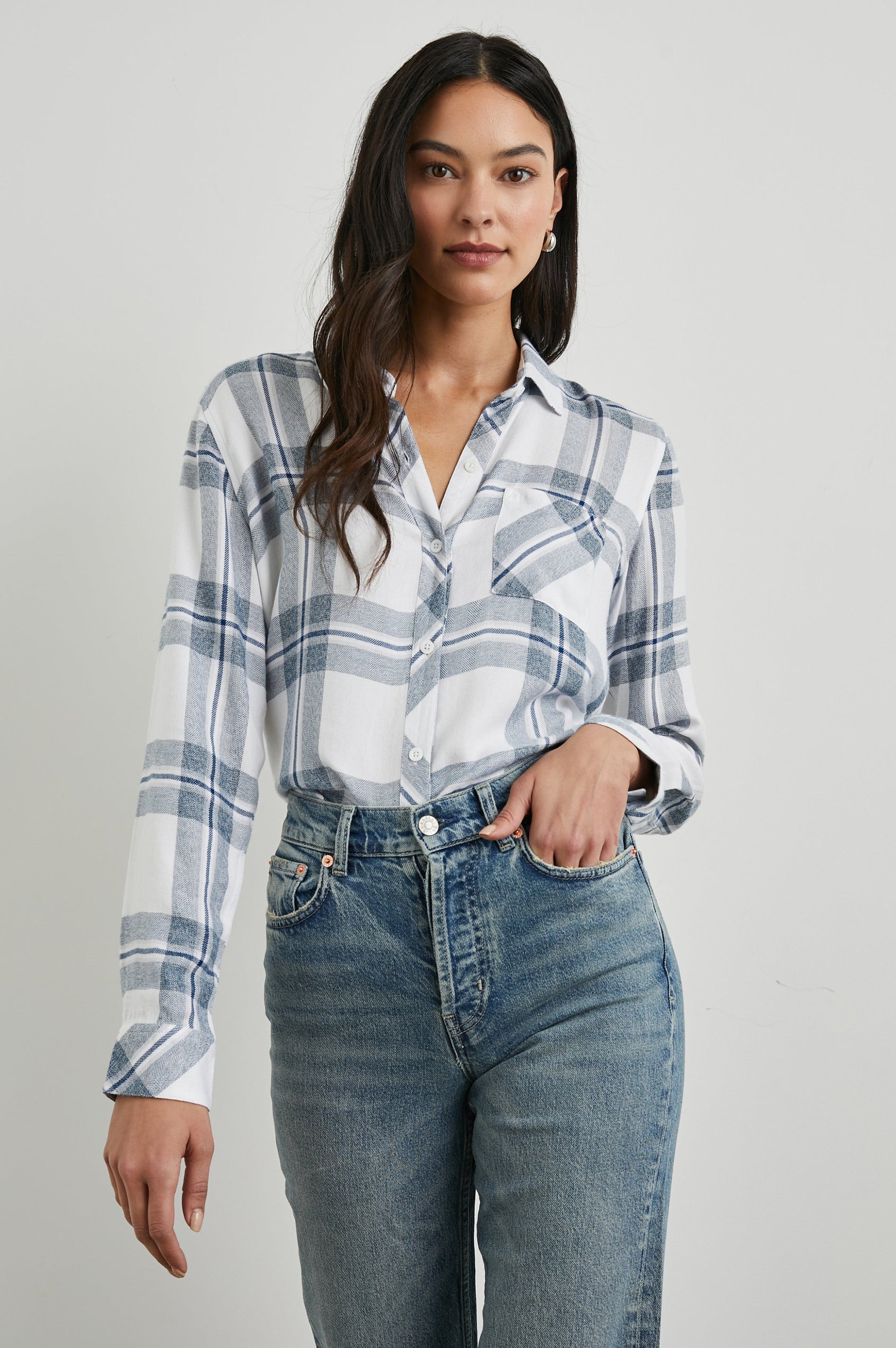 Hunter Long-Sleeve Button Up with a Chest Patch Pocket in Wild Indigo Melange Colorway, Wild Indigo and White plaid - Front Tucked View Featured on Model