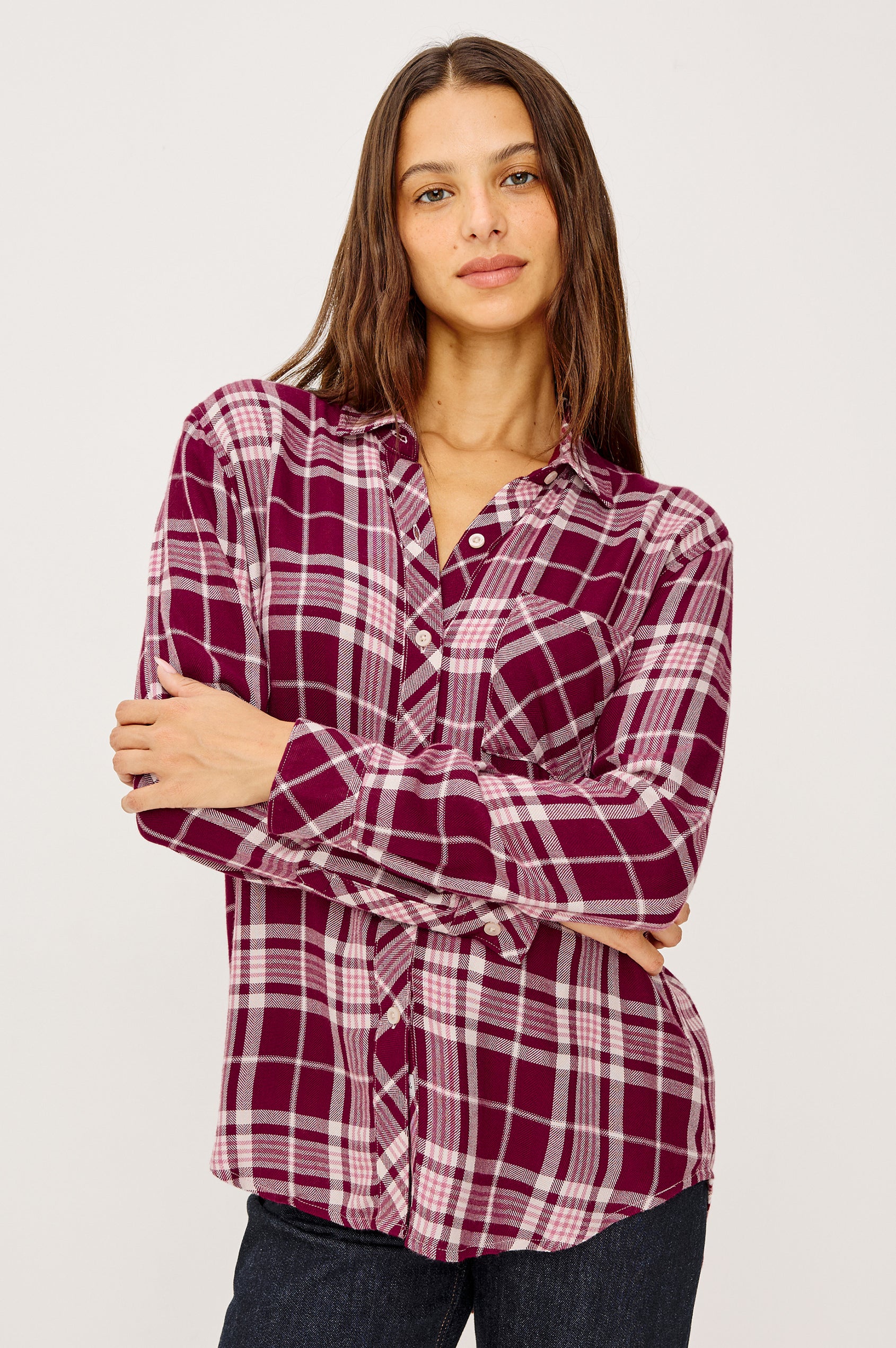Hunter Button-Up Shirt in Signature Rayon With Collar, Front Buttons, Chest Patch Pocket, and Long Sleeves in Winter Berry Colorway - Upper Body Front View Featured on Model