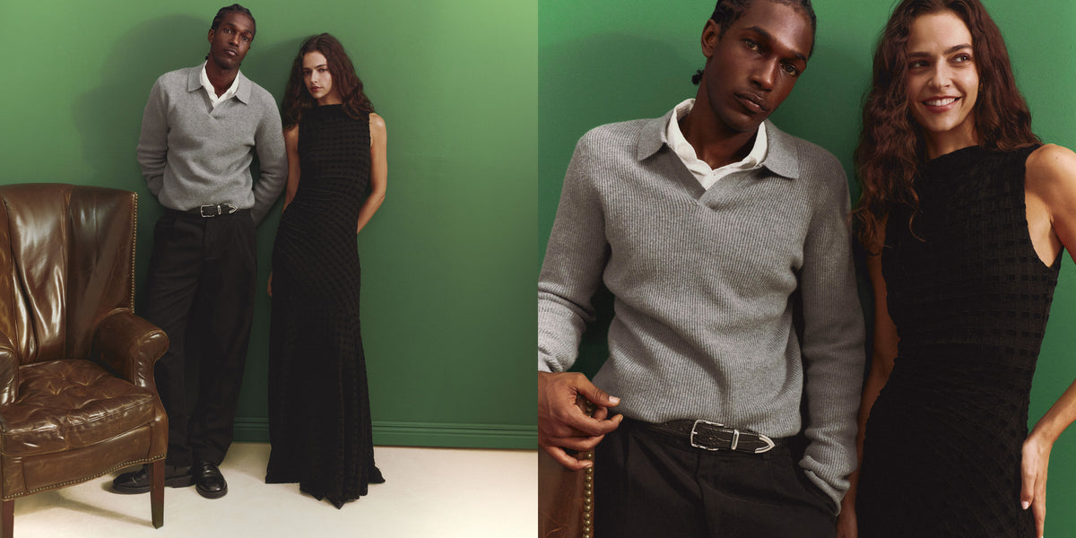 A split-screen lifestyle photograph featuring models wearing a gray knit v-neck sweater and a black textured sleeveless dress against a solid green wall.