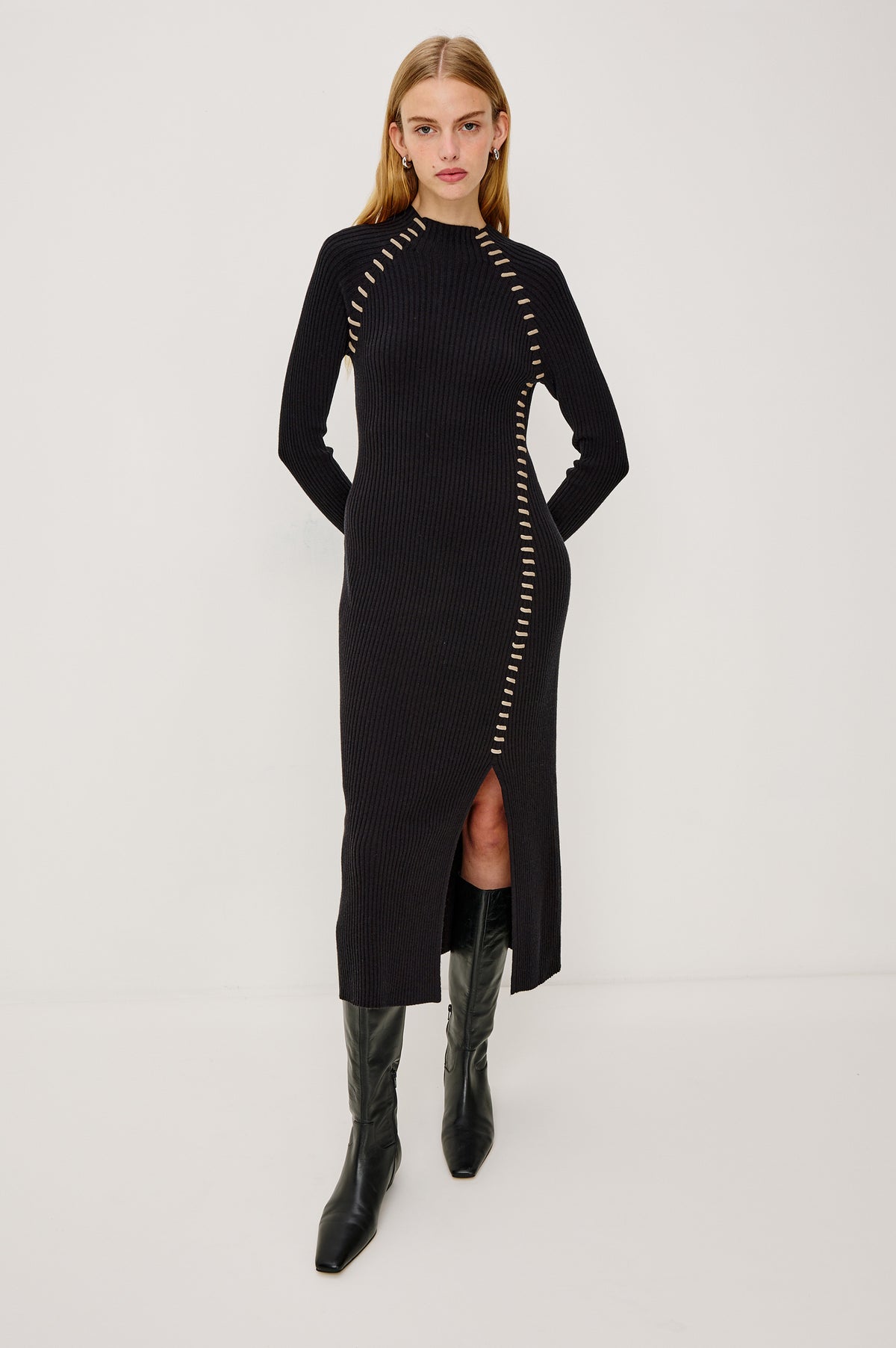 Imara Fitted Midi Dress in Ribbed Wool Silk Blend With Funnel Crew Neck, Long Sleves, and Side Slit in Black Oat Black Oatmeal Blanket Stitch Colorway - Full Body Front View Featured on Model