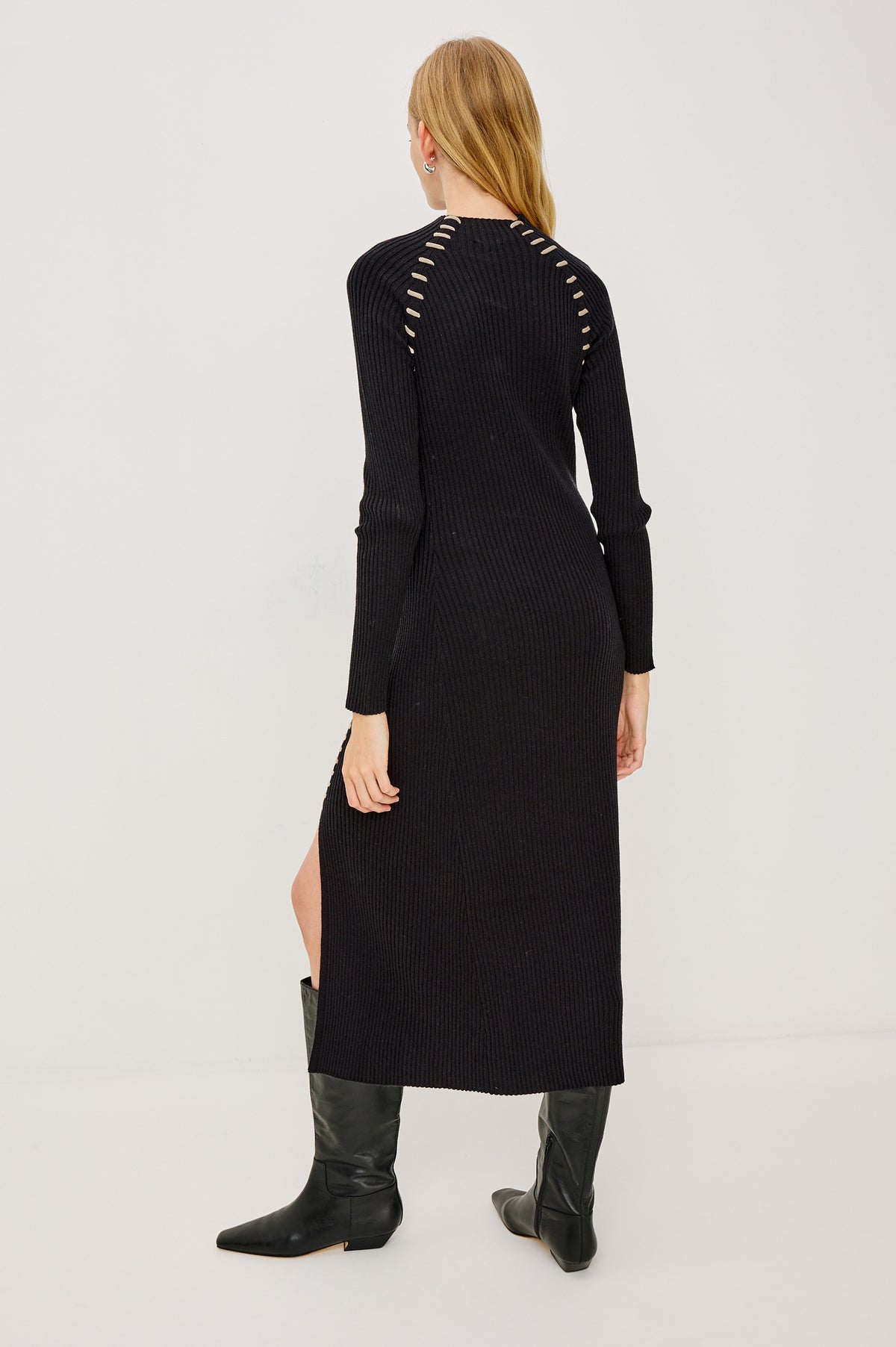 Imara Fitted Midi Dress in Ribbed Wool Silk Blend With Funnel Crew Neck, Long Sleves, and Side Slit in Black Oat Black Oatmeal Blanket Stitch Colorway - Full Body Back View Featured on Model