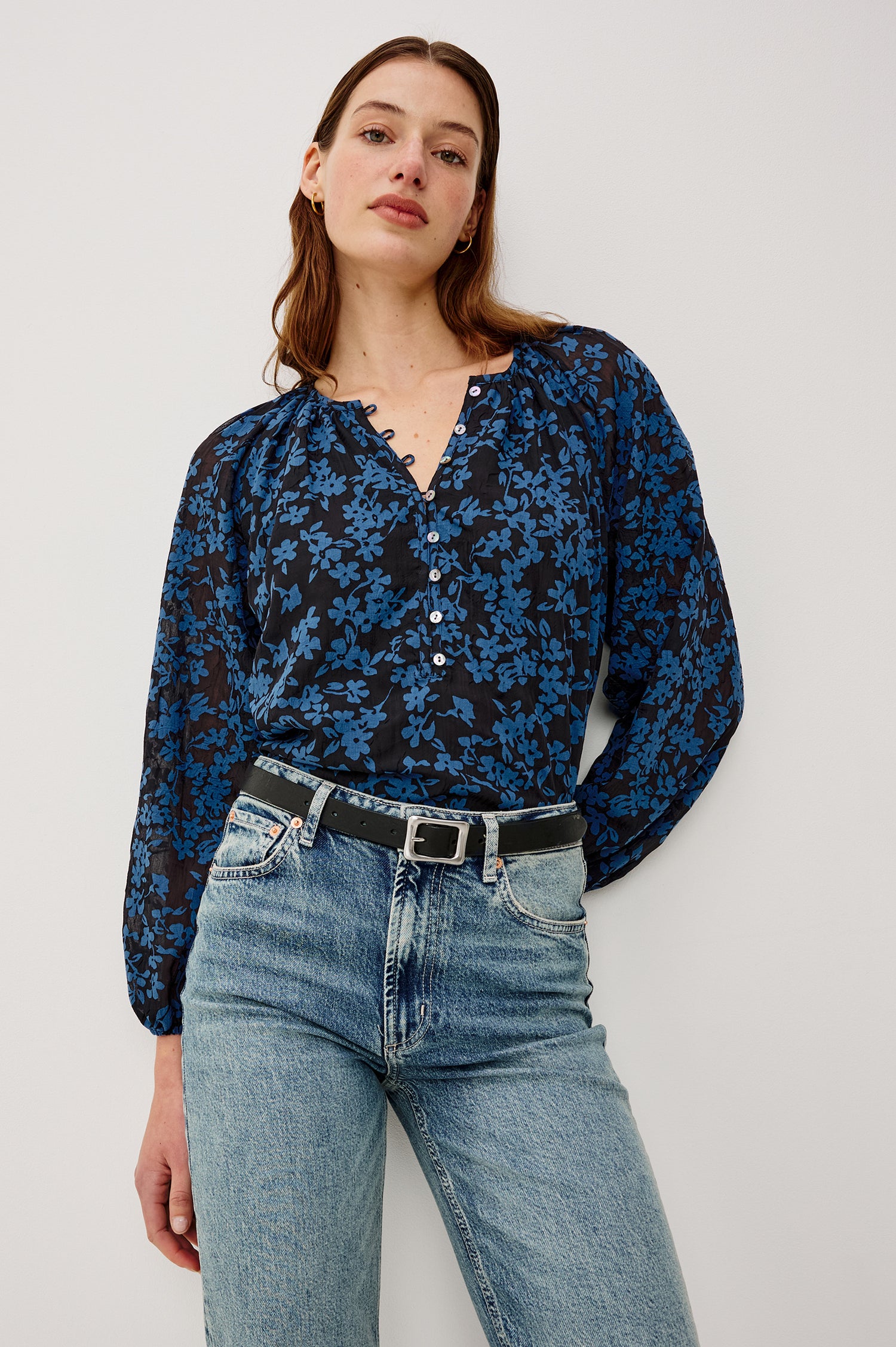 Indi Top in Crinkle Jacquard With Front Button-and-Loop Closures Long Sleeves and Relaxed Fit in Midnight Silhouette Floral Colorway - Upper Body Front View Featured on Model