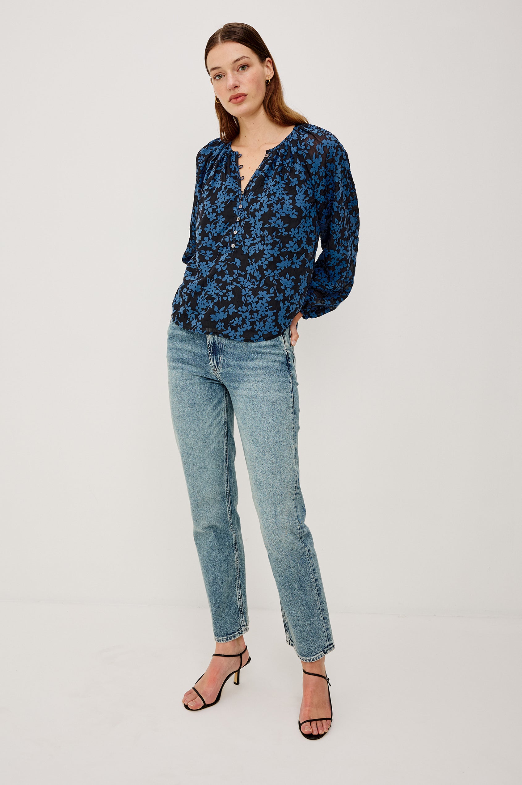 Indi Top in Crinkle Jacquard With Front Button-and-Loop Closures Long Sleeves and Relaxed Fit in Midnight Silhouette Floral Colorway - Full Body Front View Featured on Model
