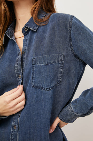 Ingrid Long Sleeve Denim Button Up with a Chest Patch Pocket in Dark Vintage Colorway - Front View Featured on Model