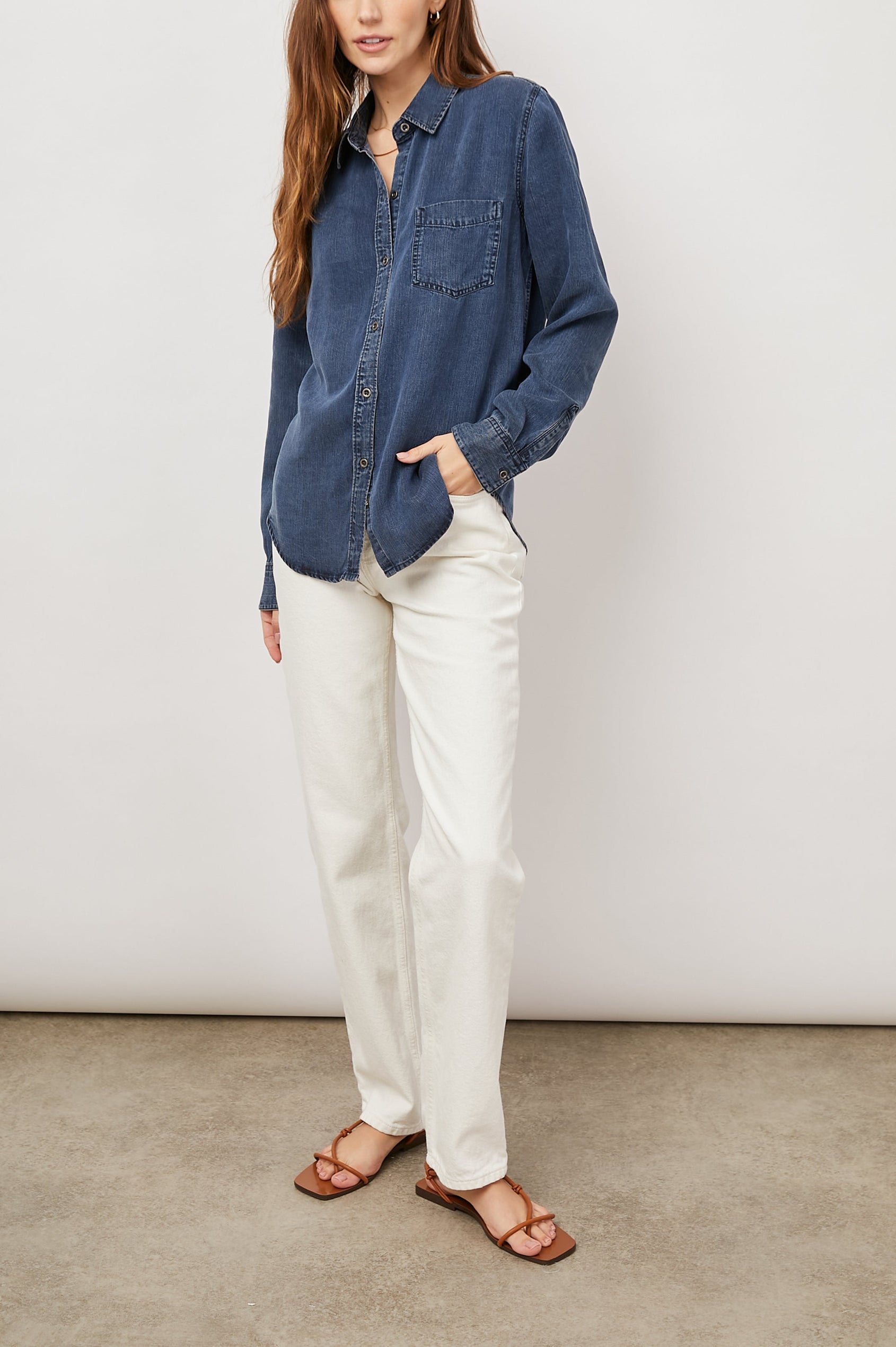 Ingrid Long Sleeve Denim Button Up with a Chest Patch Pocket in Dark Vintage Colorway - Front Full Body View Featured on Model