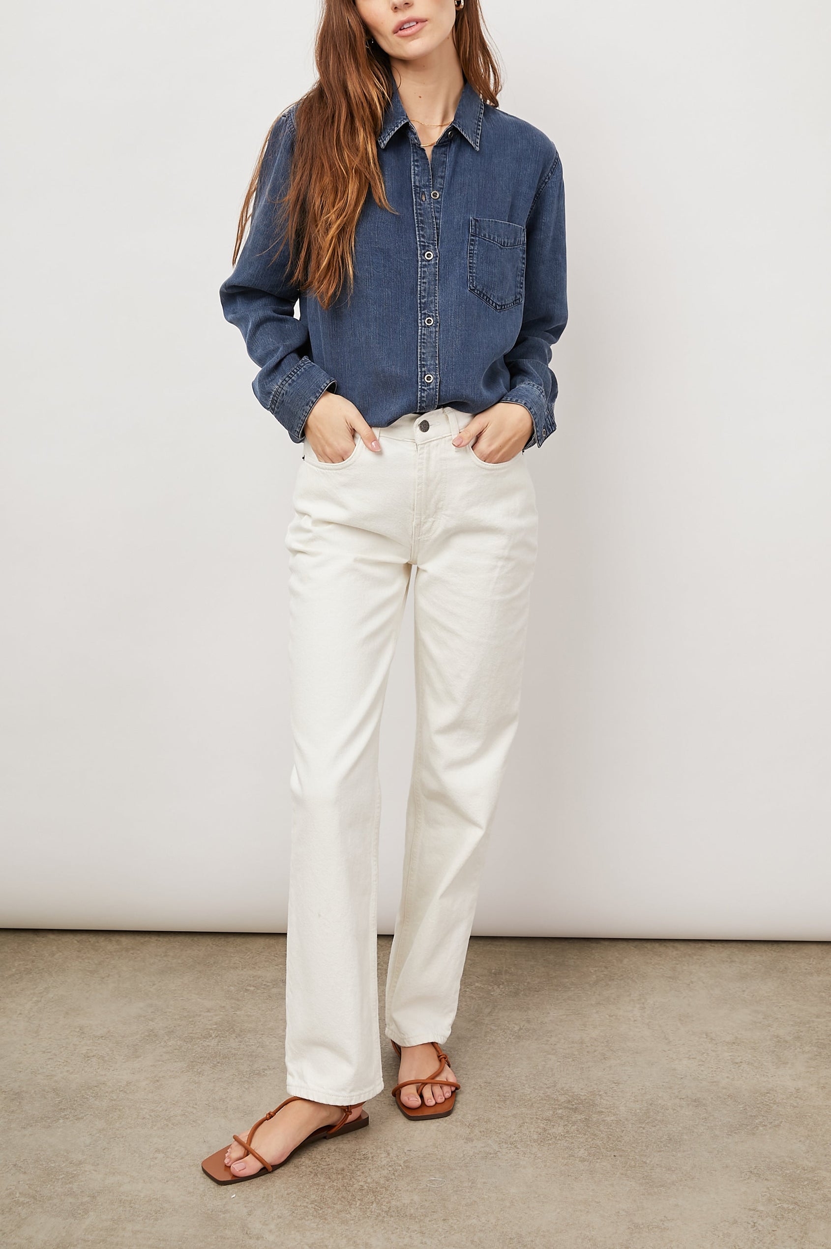 Ingrid Long Sleeve Denim Button Up with a Chest Patch Pocket in Dark Vintage Colorway - Front Tucked Full Body View Featured on Model