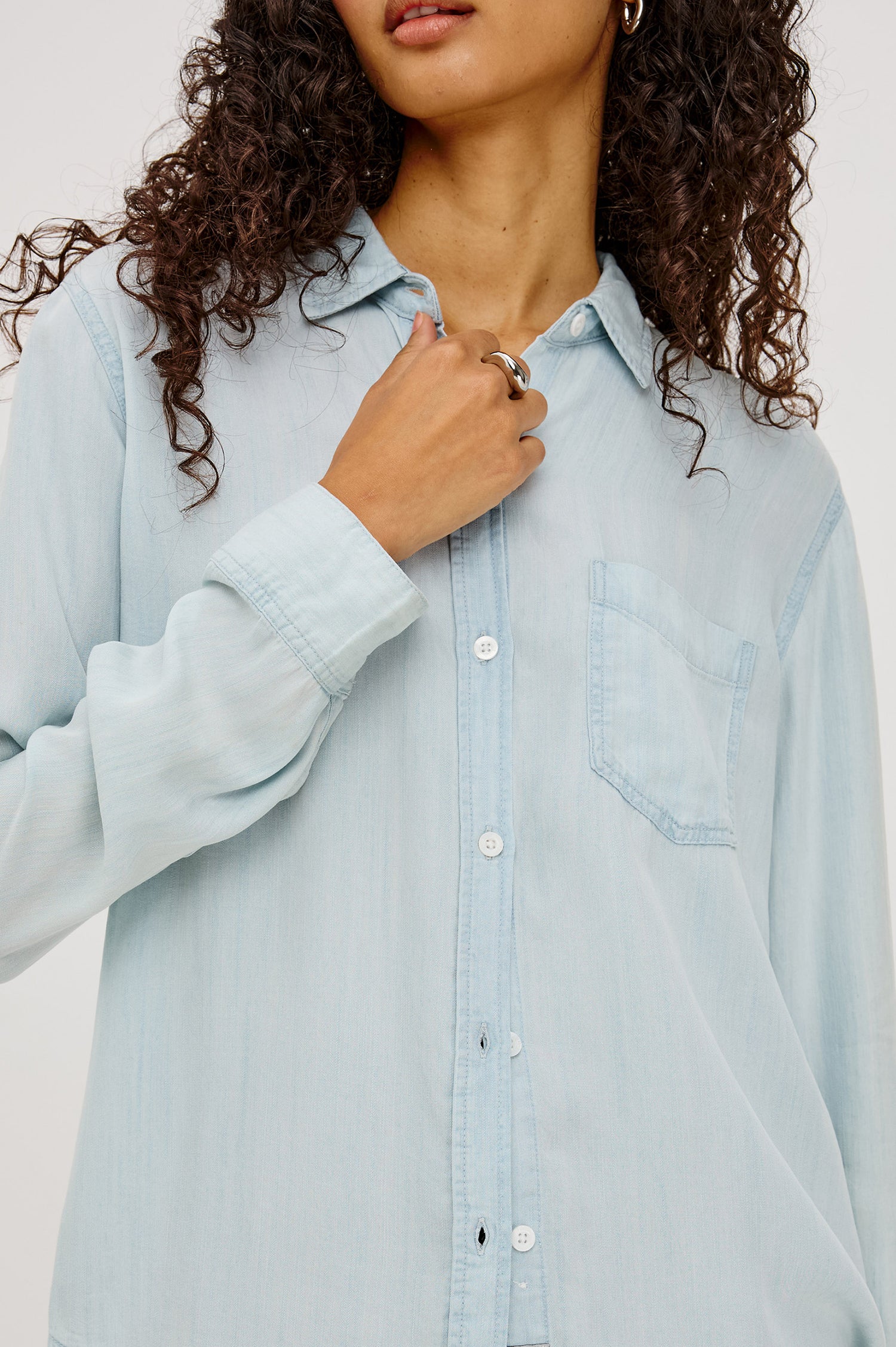 Ingrid Shirt in TENCEL™Denim With Classic Fit, Front Buttons, Chest Patch Pocket, and Long Sleeves in Light Vintage Colorway - Upper Body Front View Featured on Model