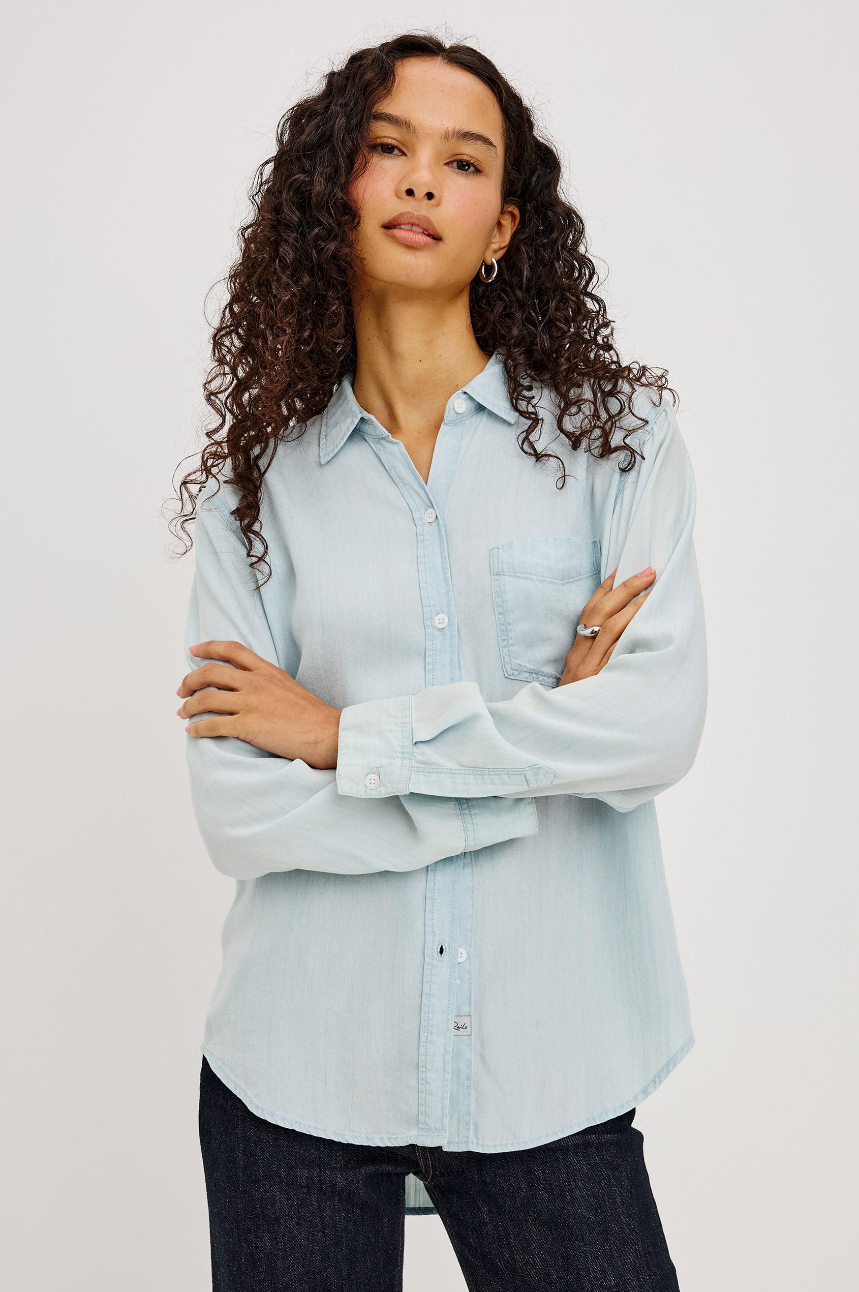Ingrid Shirt in TENCEL™Denim With Classic Fit, Front Buttons, Chest Patch Pocket, and Long Sleeves in Light Vintage Colorway - Upper Body Front View Featured on Model