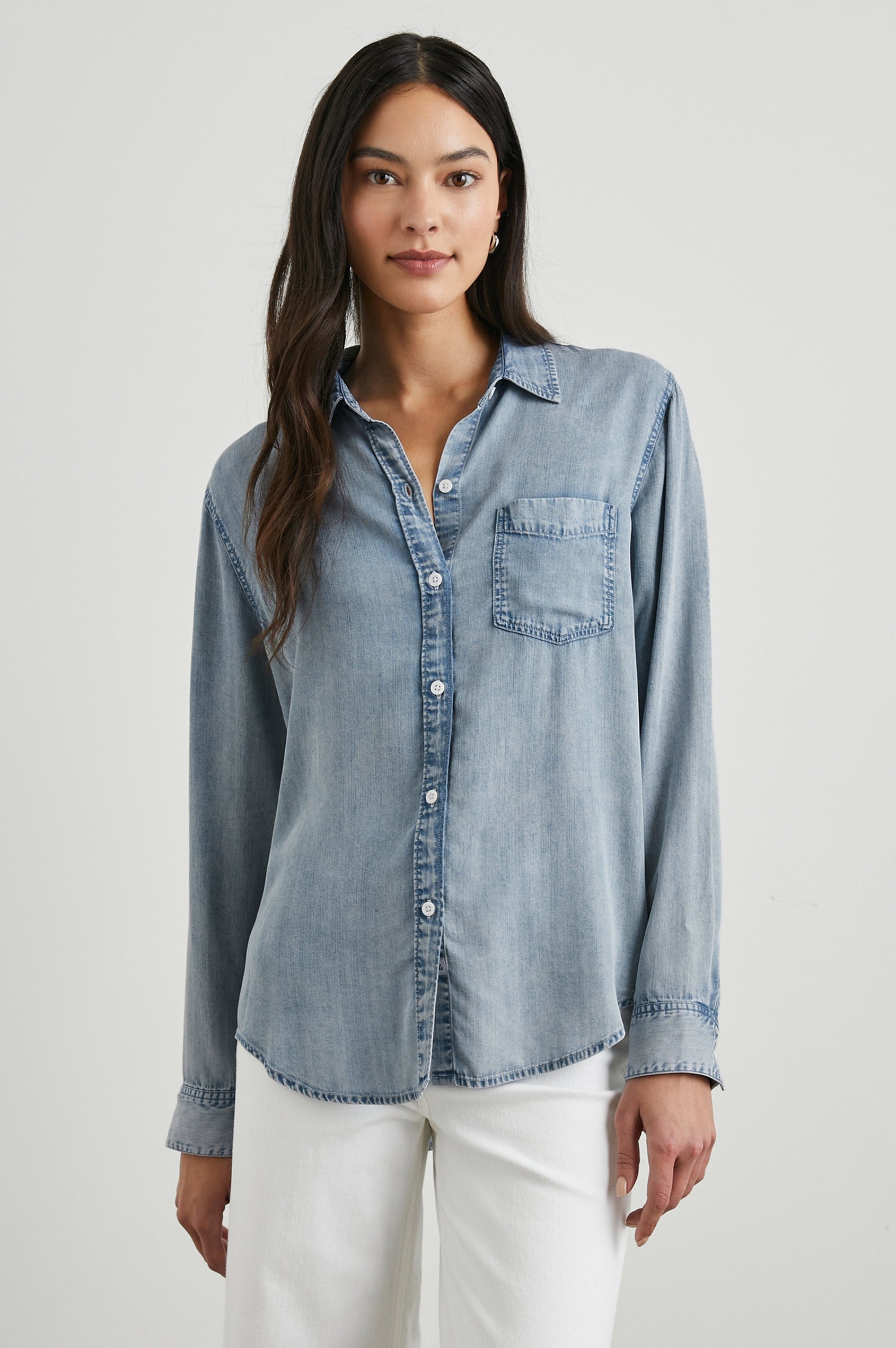 Ingrid Long Sleeve Denim Button Up with a Chest Patch Pocket in Med Vintage Cloud Wash Colorway - Front View Featured on Model