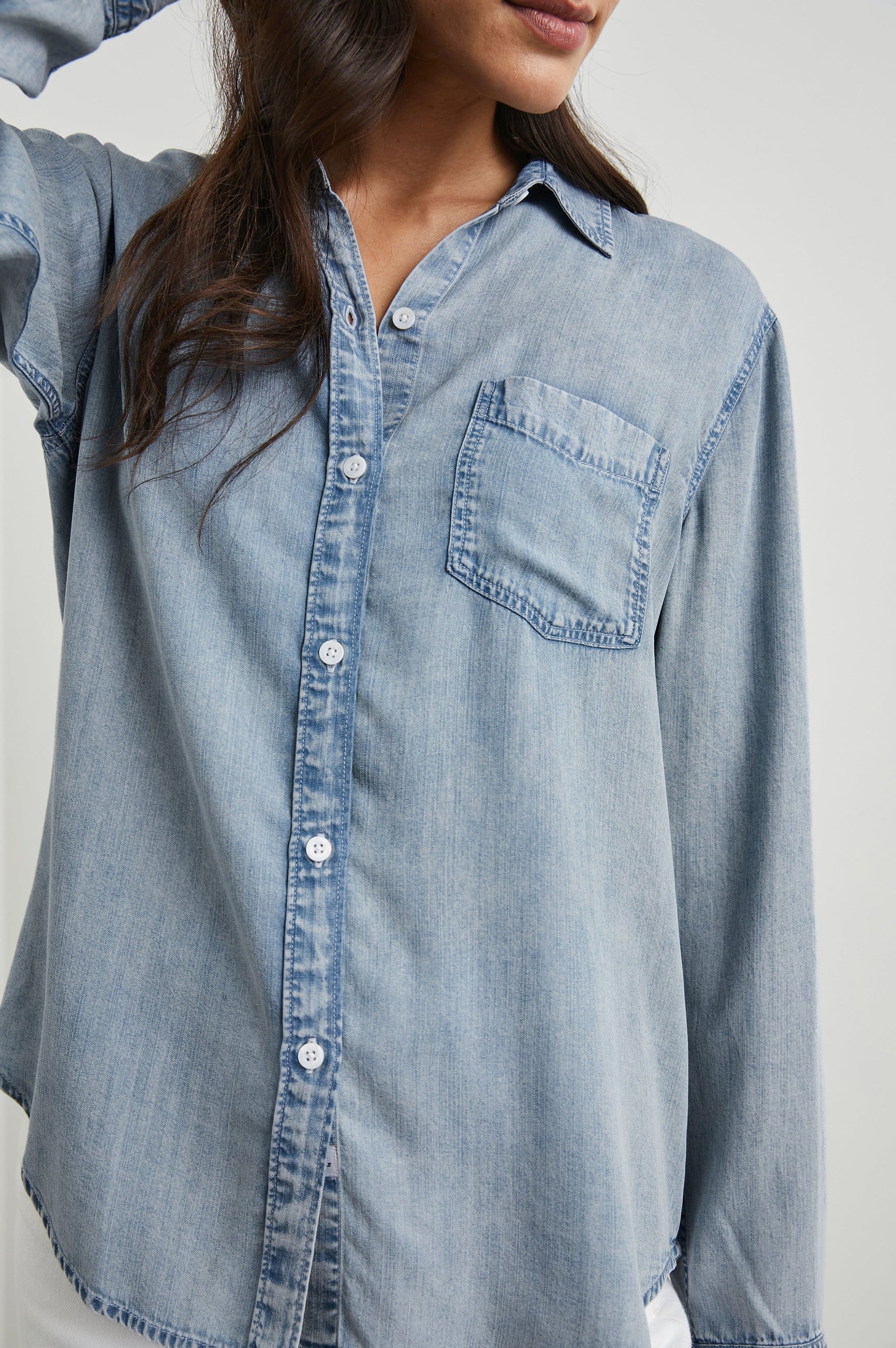Ingrid Long Sleeve Denim Button Up with a Chest Patch Pocket in Med Vintage Cloud Wash Colorway - Front View Featured on Model