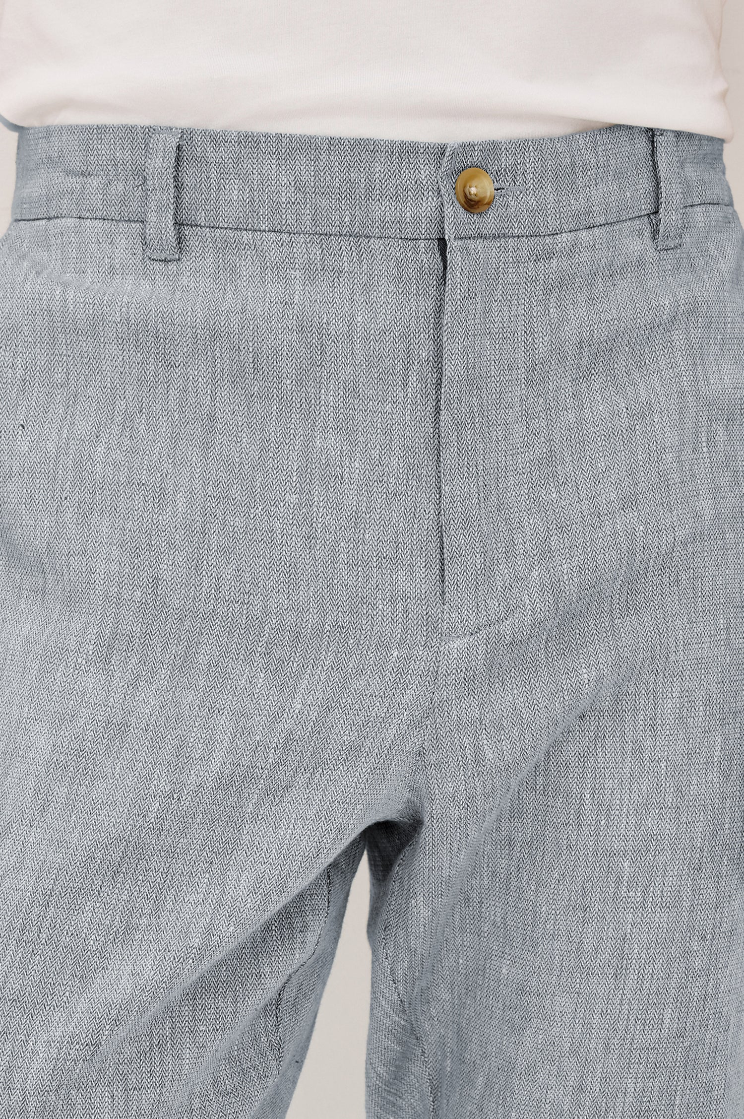 Irving Pant in Cotton-Linen Blend With Slim Straight Legs, Side Slant Pockets, and Back Welt Pockets in Bicoastal Blue Colorway - Lower Body Front View Featured on Model