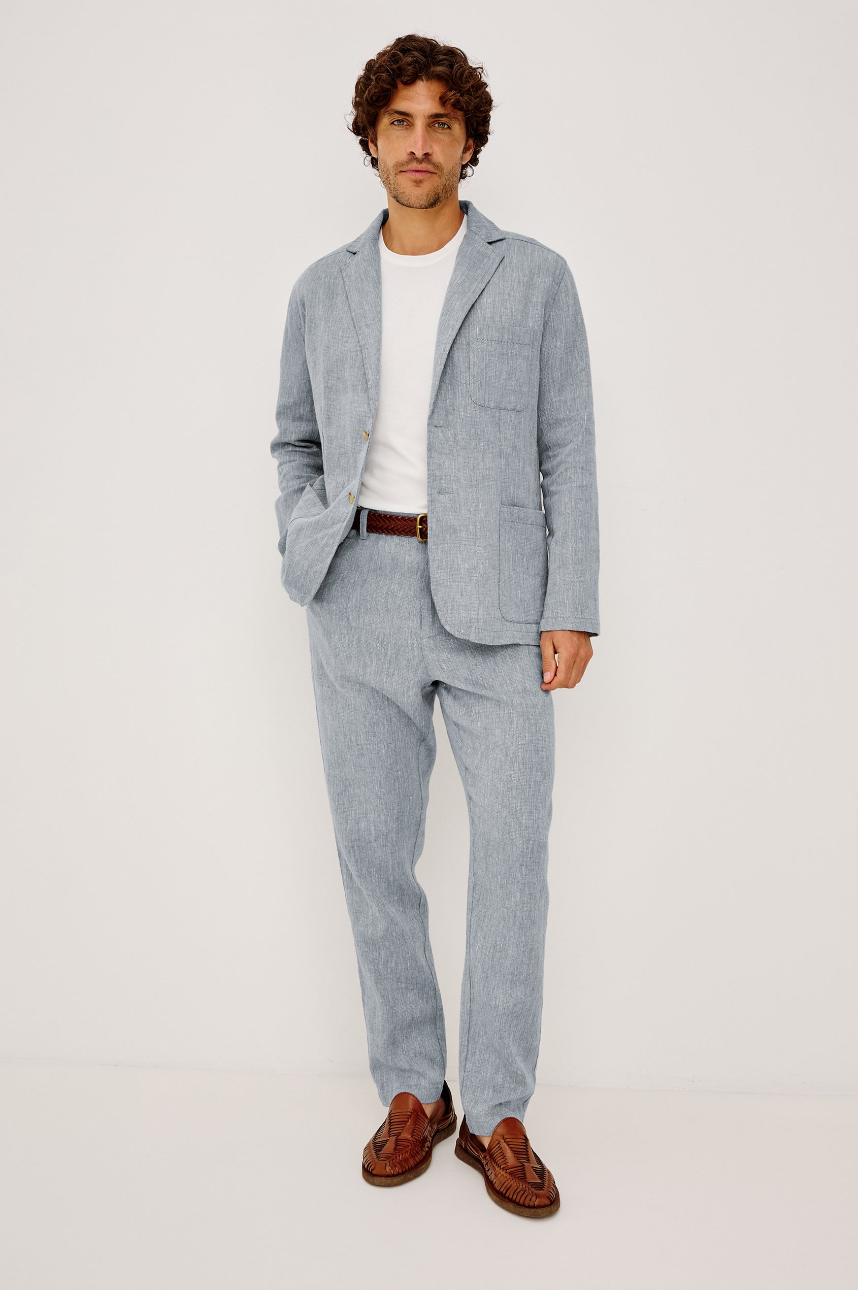 Irving Pant in Cotton-Linen Blend With Slim Straight Legs, Side Slant Pockets, and Back Welt Pockets in Bicoastal Blue Colorway - Full Body Front View Featured on Model