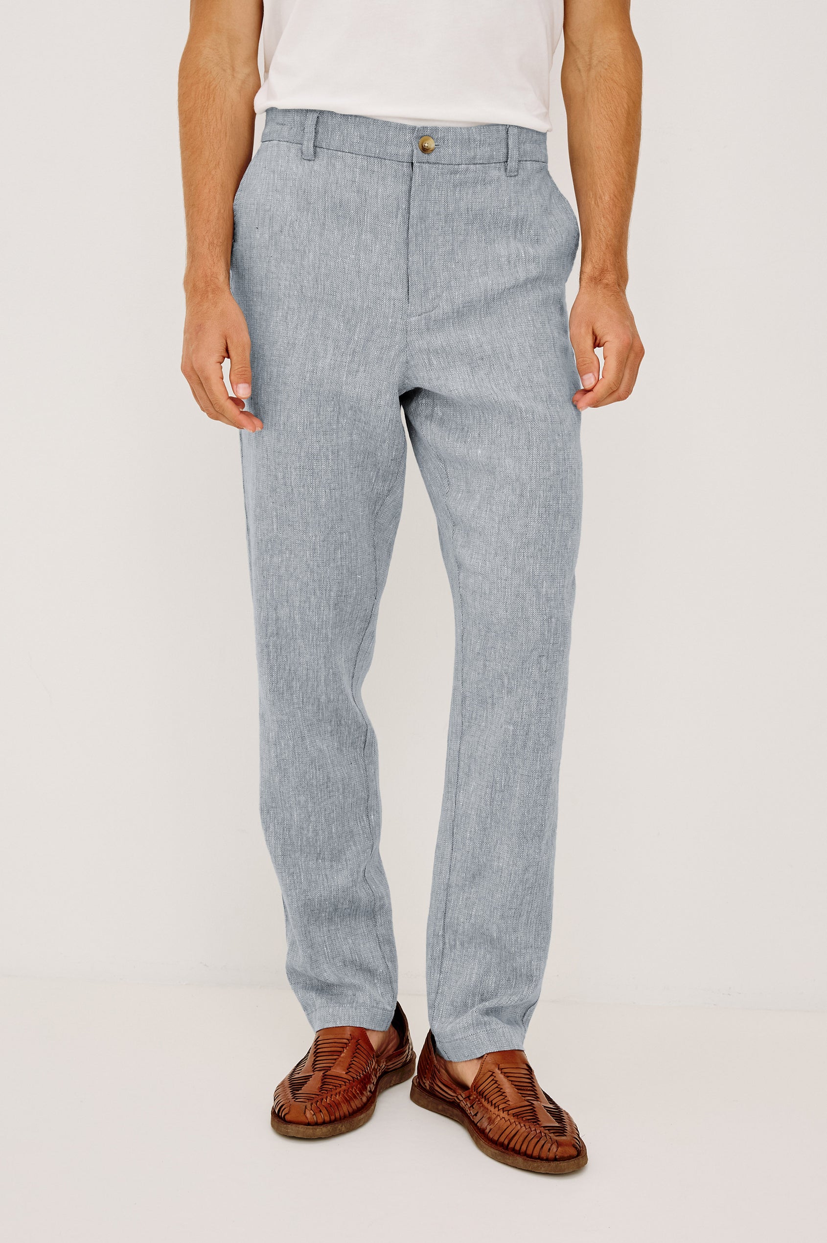 Irving Pant in Cotton-Linen Blend With Slim Straight Legs, Side Slant Pockets, and Back Welt Pockets in Bicoastal Blue Colorway - Lower Body Front View Featured on Model