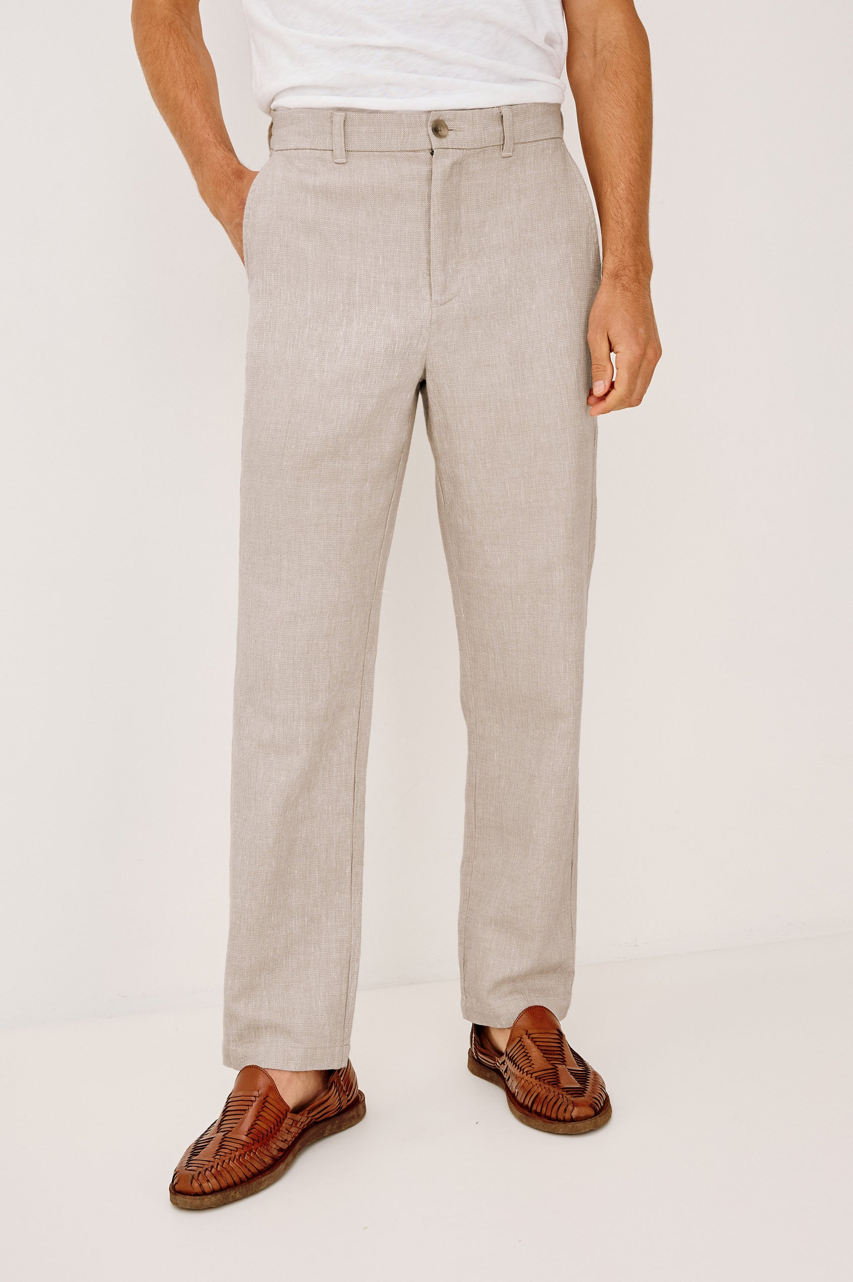 Irving Pant in Cotton-Linen Blend With Slim Straight Legs, Side Slant Pockets, and Back Welt Pockets in Sand Dune Colorway - Lower Body Front View Featured on Model