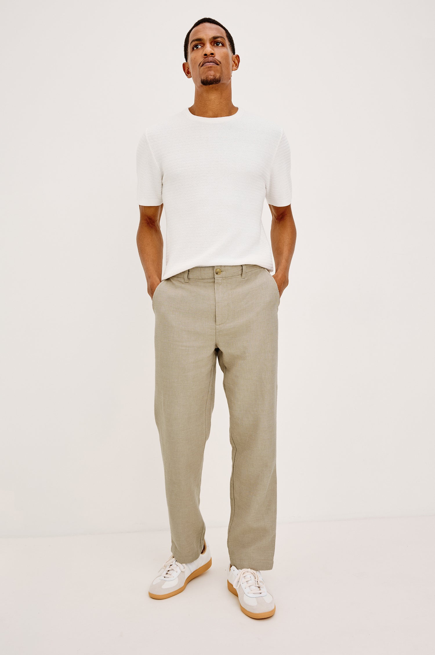 Irving Slim Straight Pant With Side Slant Pockets and Back Welt Pockets in White Oak Colorway - Full Body Front View Featured on Model