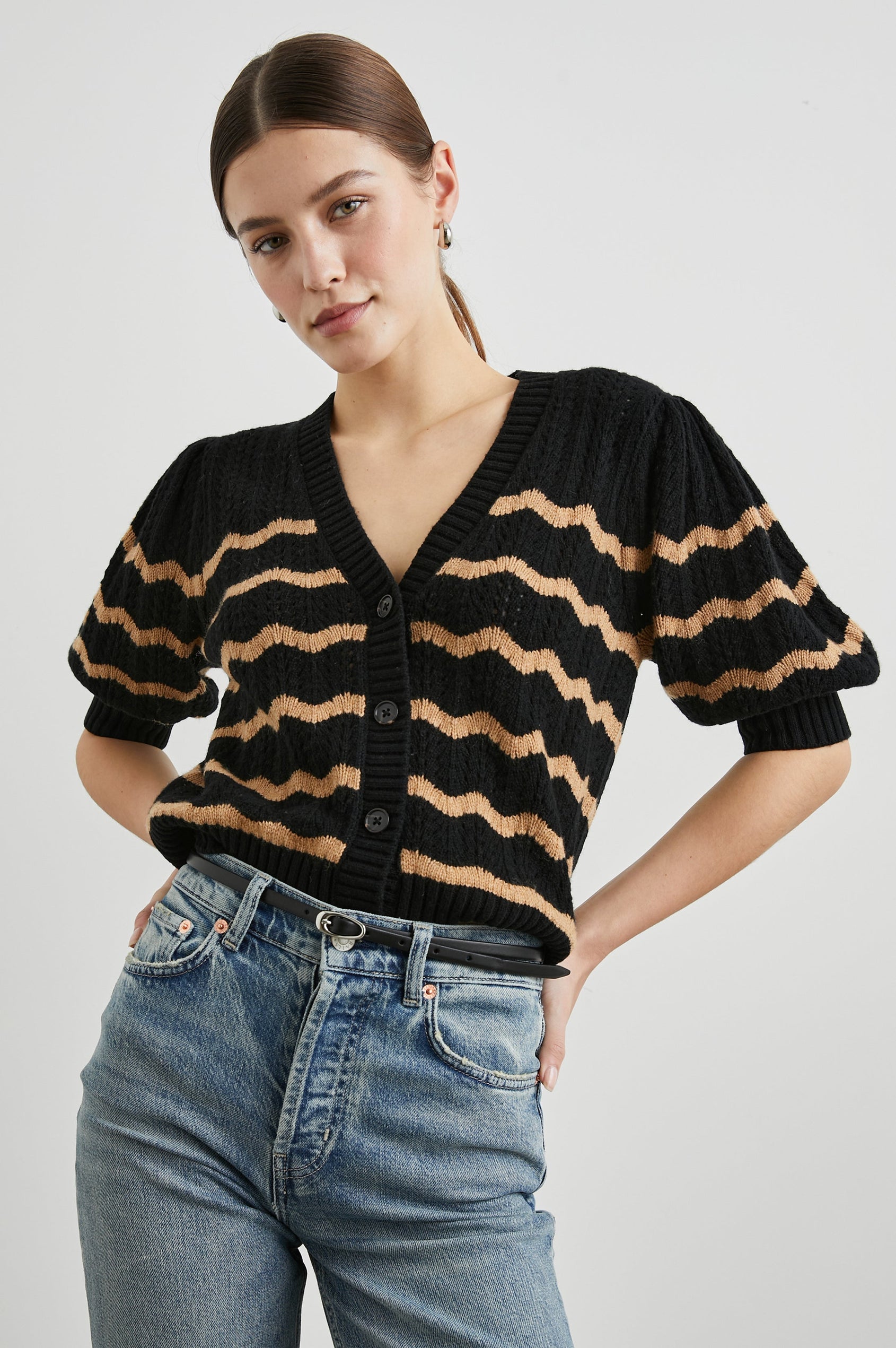 Isla Mid-length-Sleeve Cardigan with Ribbed Hems and Cuffs and Button Closure in Black Camel Stripe Colorway, Horizontal Wavy Stripes - Front View Featured on Model