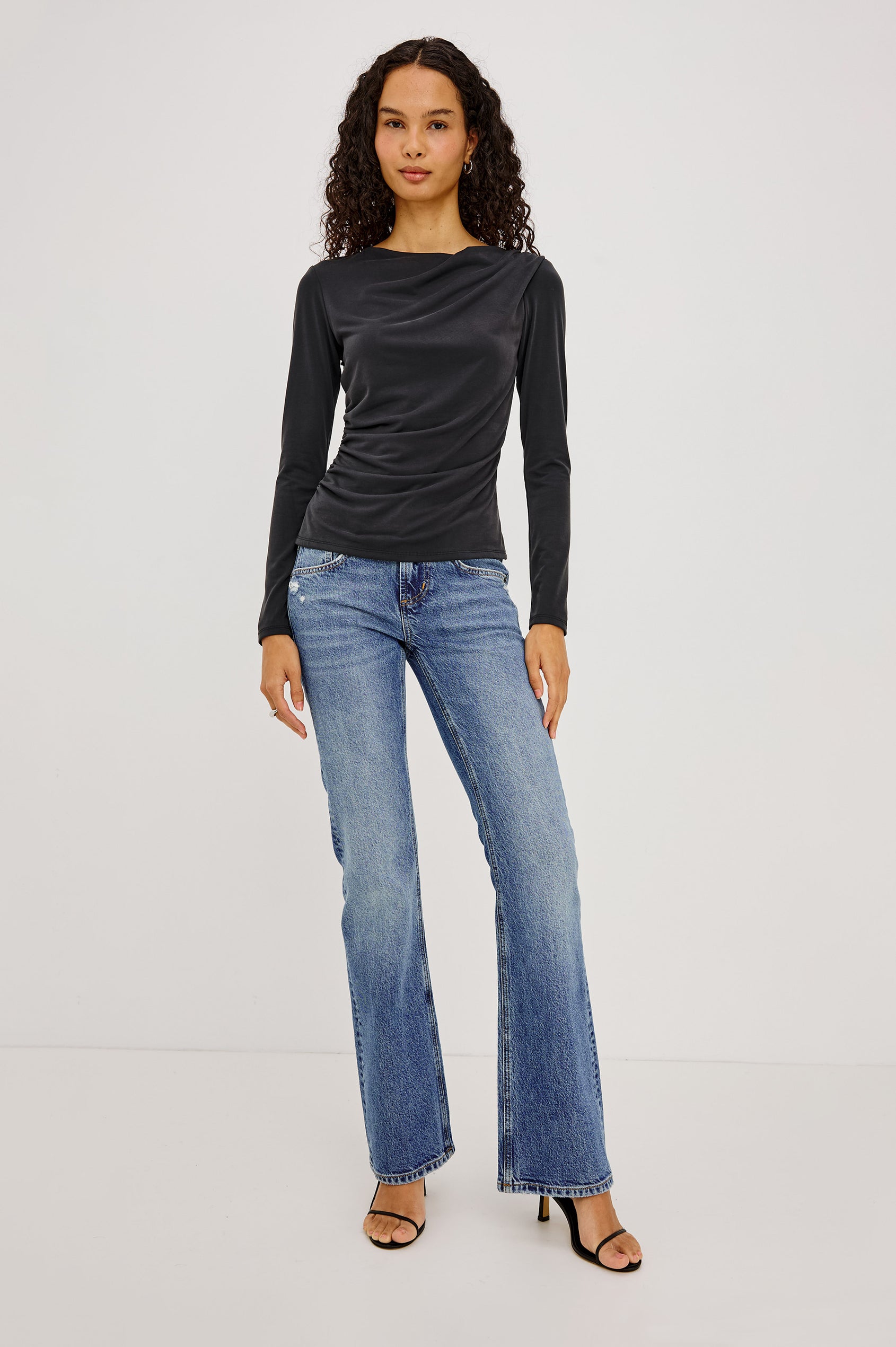 Issel Top in Soft Jersey With Cowl Neckline, Ruched Waist, and Form-Fitting Silhouette in Ash Colorway - Full Body Front View Featured on Model