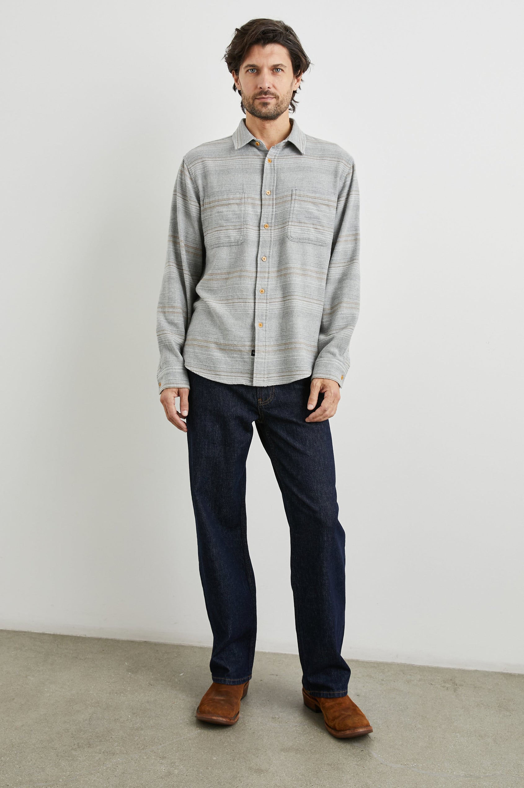 Ivan Long-Sleeve Button Up with Two Chest Patch Pockets in Grey Serape Colorway, with horizontal stripes in browns and greys on Grey - Front Full Body View Featured on Model