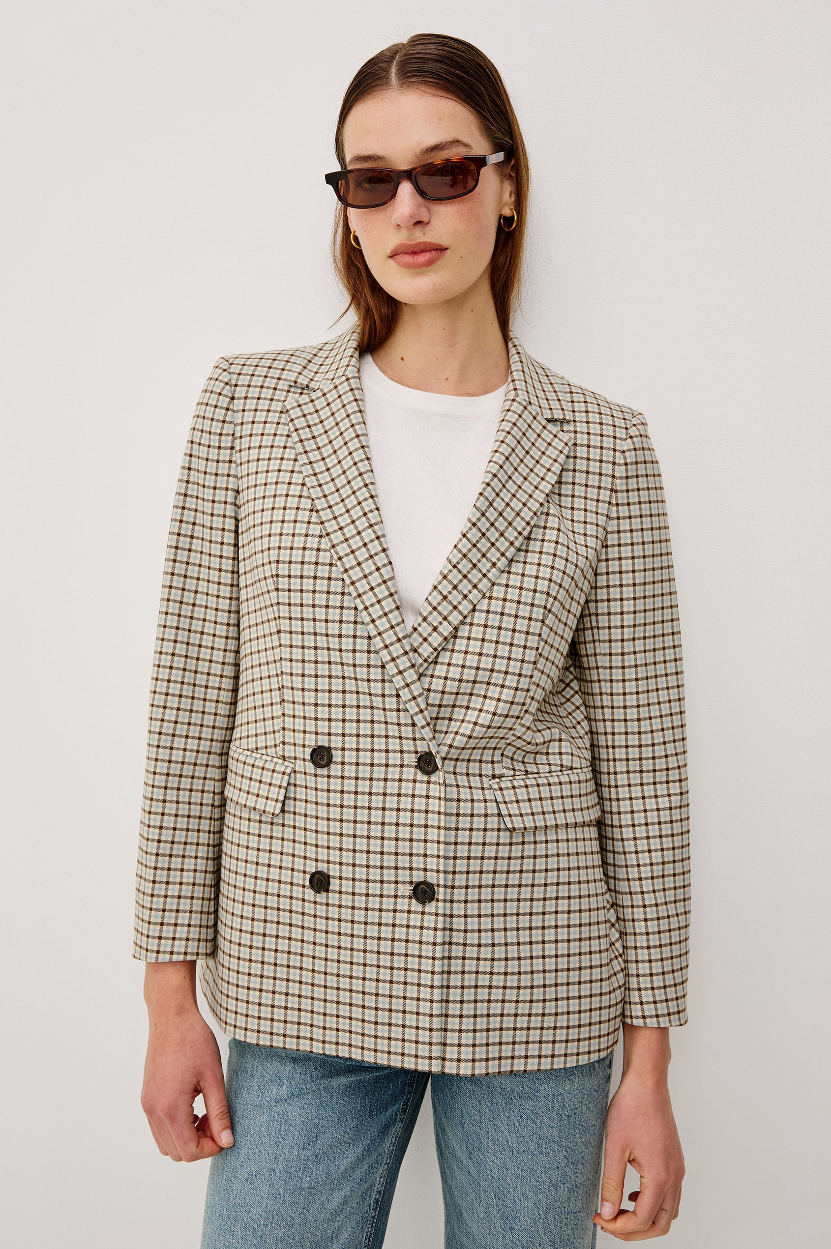 Jac Double-Breasted Blazer With Notched Lapels Side Flap Pockets and Full Lining in Blue Bay Check Clorway - Upper Body Front View Featured on Model
