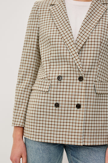 Jac Double-Breasted Blazer With Notched Lapels, Side Flap Pockets, and Full Lining in Blue Bay Check Clorway - Upper Body Close Up View Featured on Model
