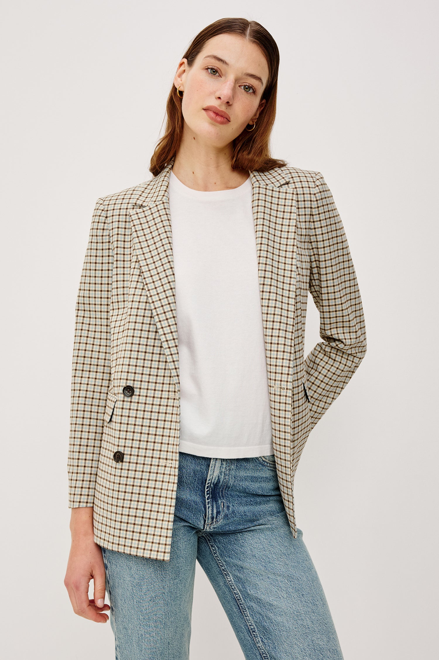 Jac Double-Breasted Blazer With Notched Lapels Side Flap Pockets and Full Lining in Blue Bay Check Clorway - Upper Body Front View Featured on Model