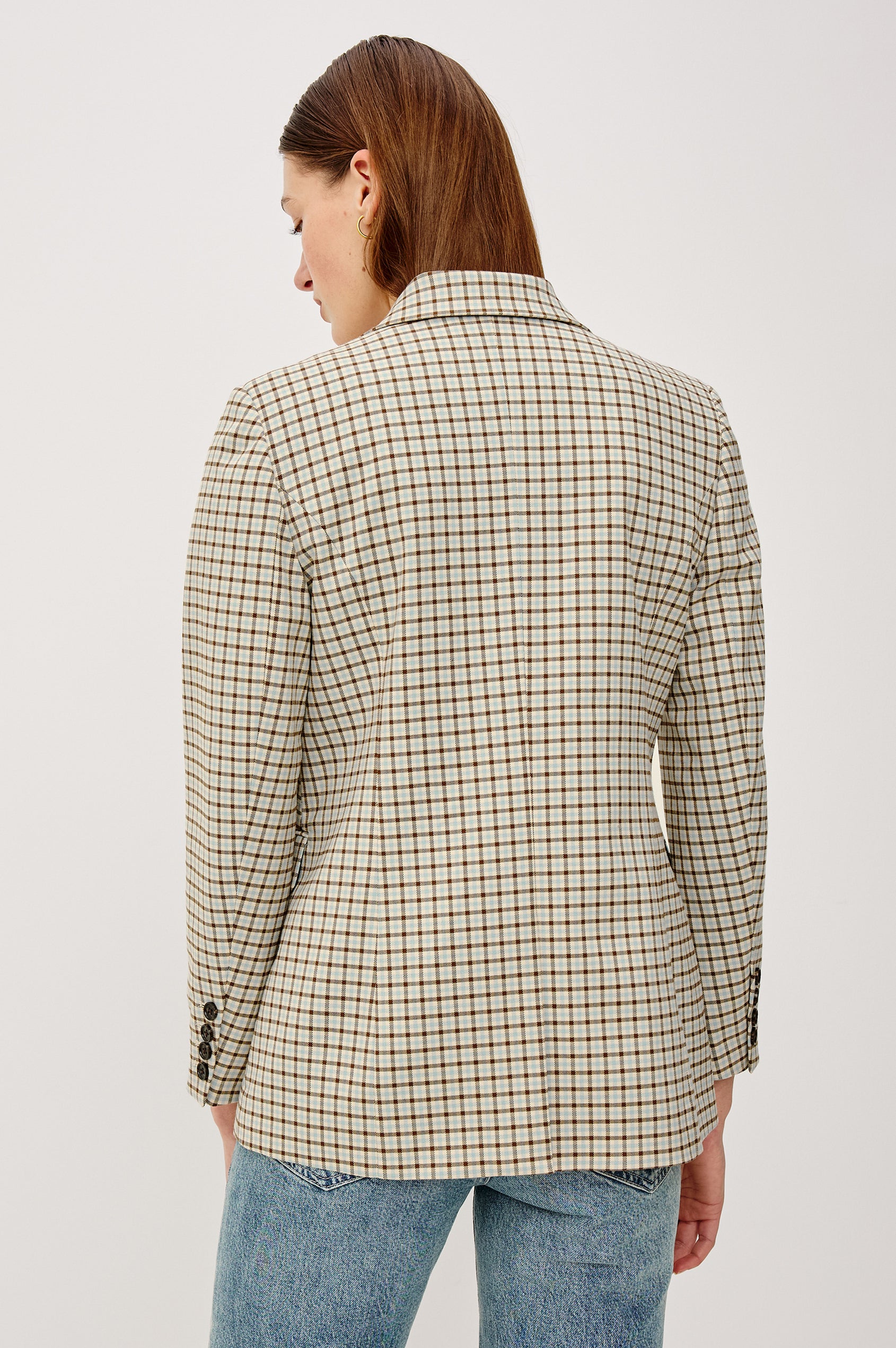 Jac Double-Breasted Blazer With Notched Lapels, Side Flap Pockets, and Full Lining in Blue Bay Check Clorway - Upper Body Back View Featured on Model