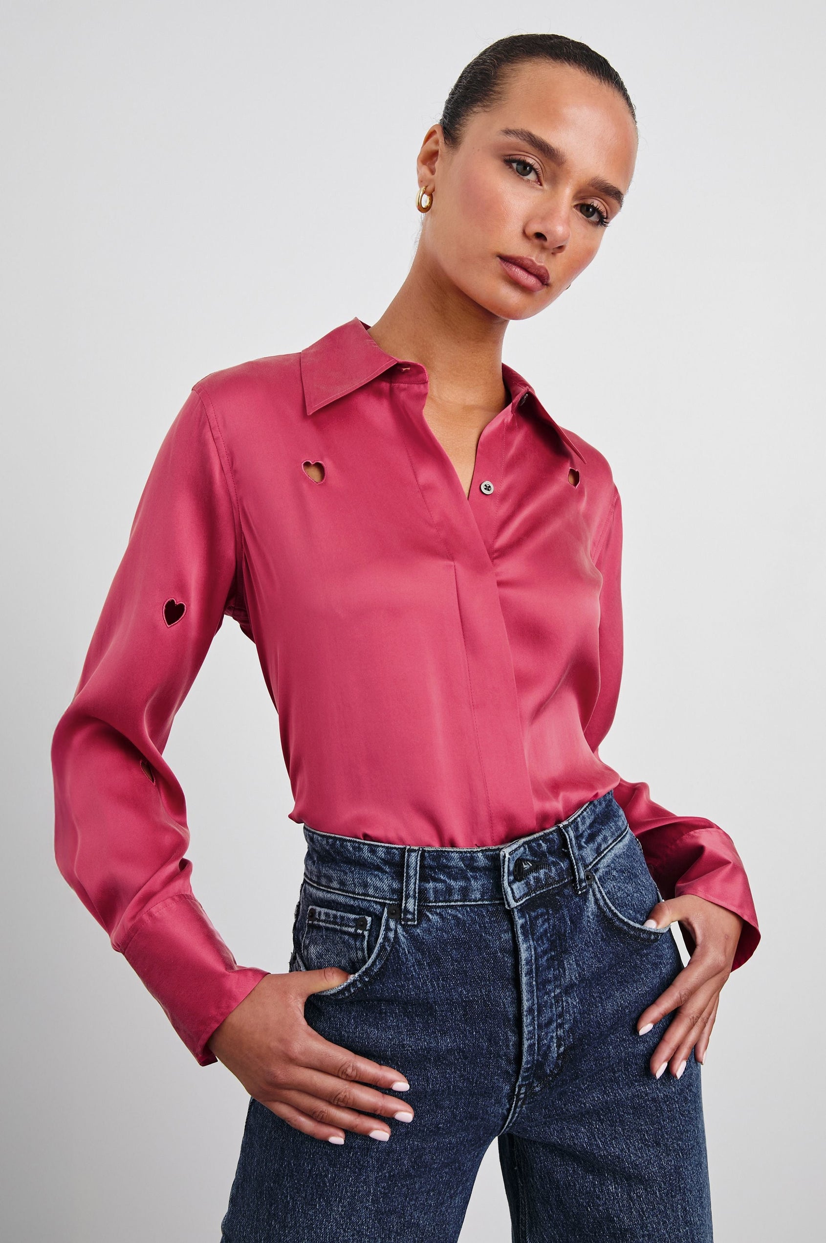 Jacey Long Sleeve Button Up with Cutout Hearts in Valentine Colorway, pink - Front Tucked View Featured on Model