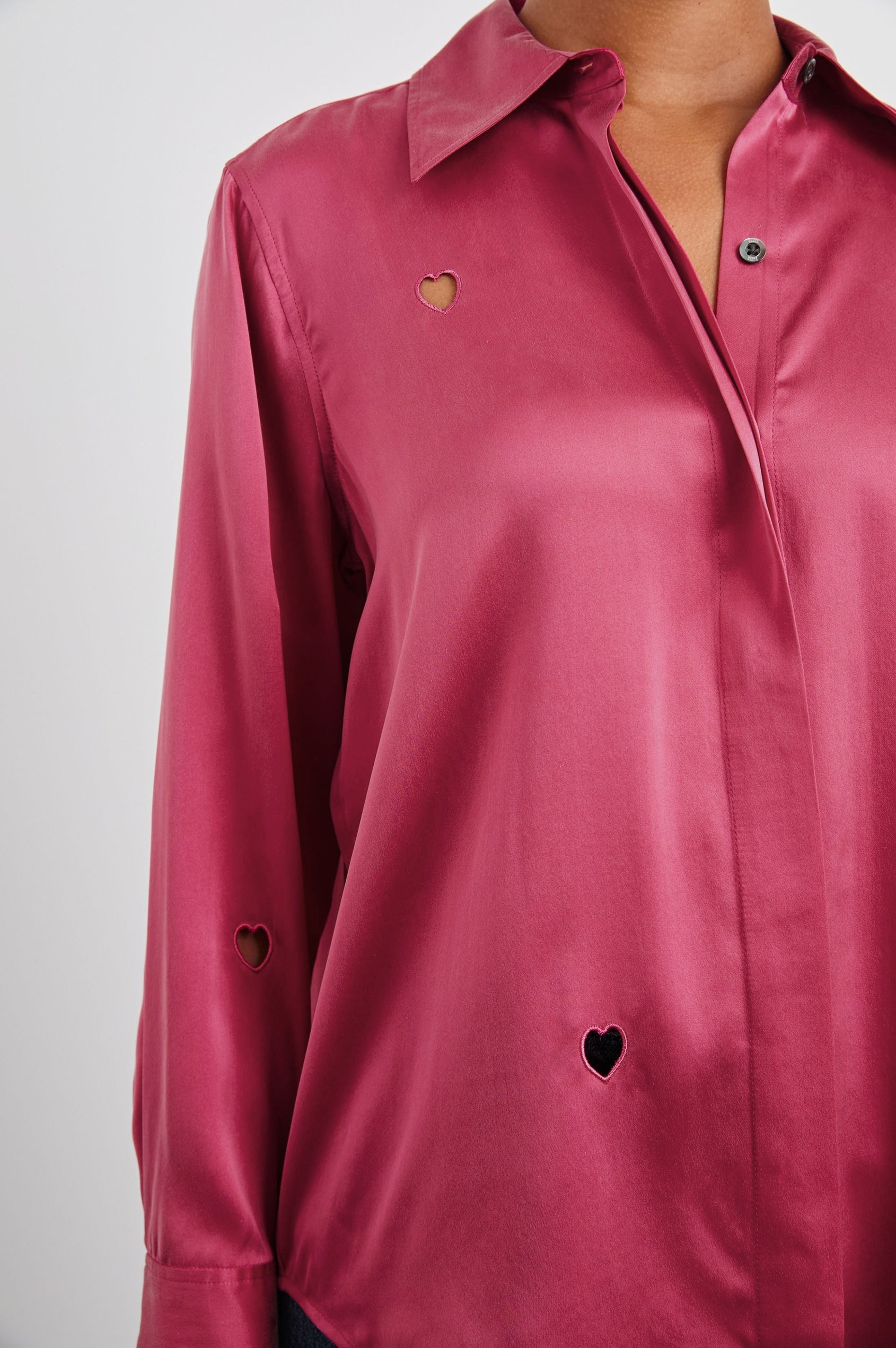 Jacey Long Sleeve Button Up with Cutout Hearts in Valentine Colorway, pink - Front View Featured on Model