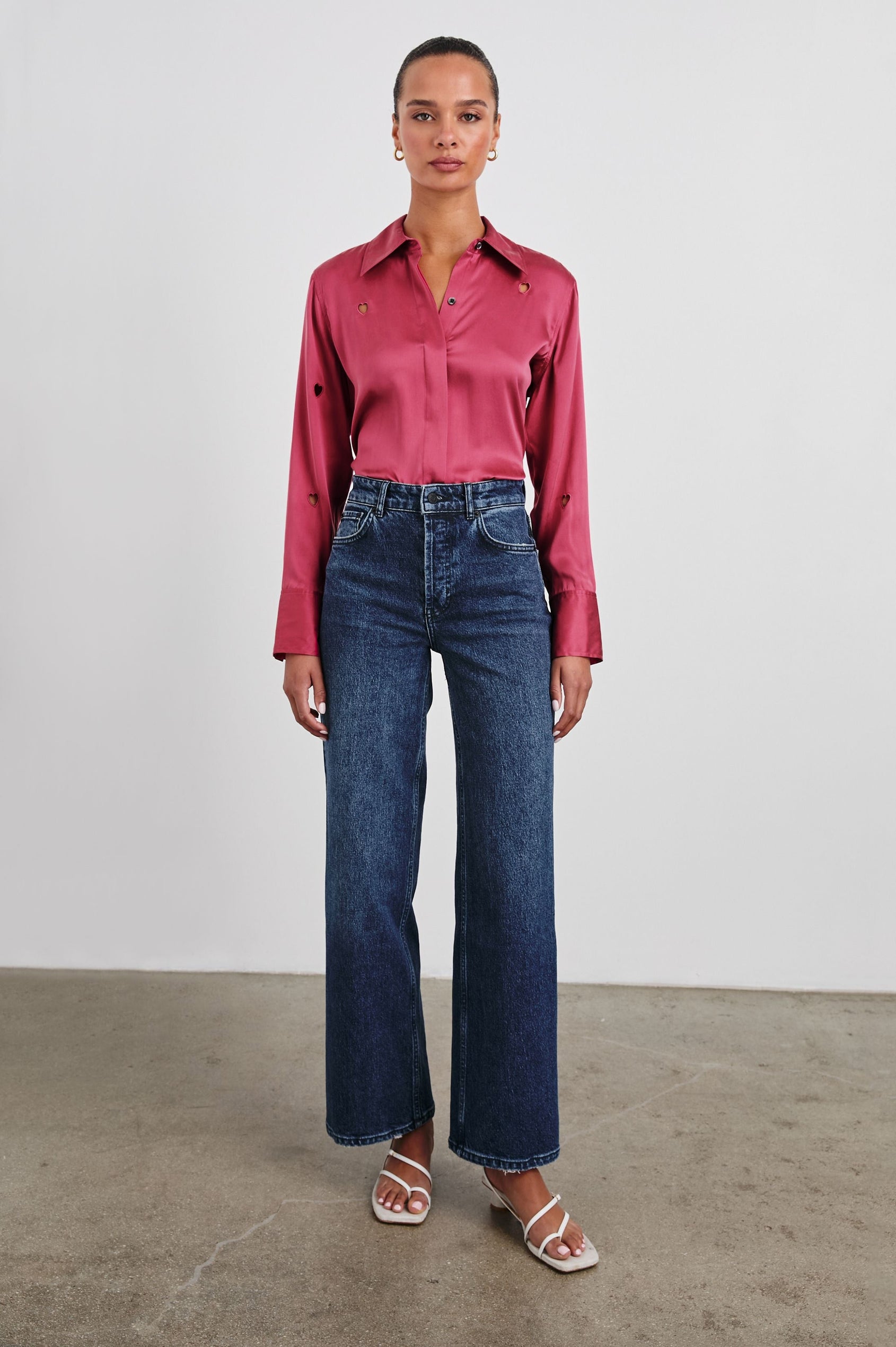 Jacey Long Sleeve Button Up with Cutout Hearts in Valentine Colorway, pink - Front Tucked Full Body View Featured on Model