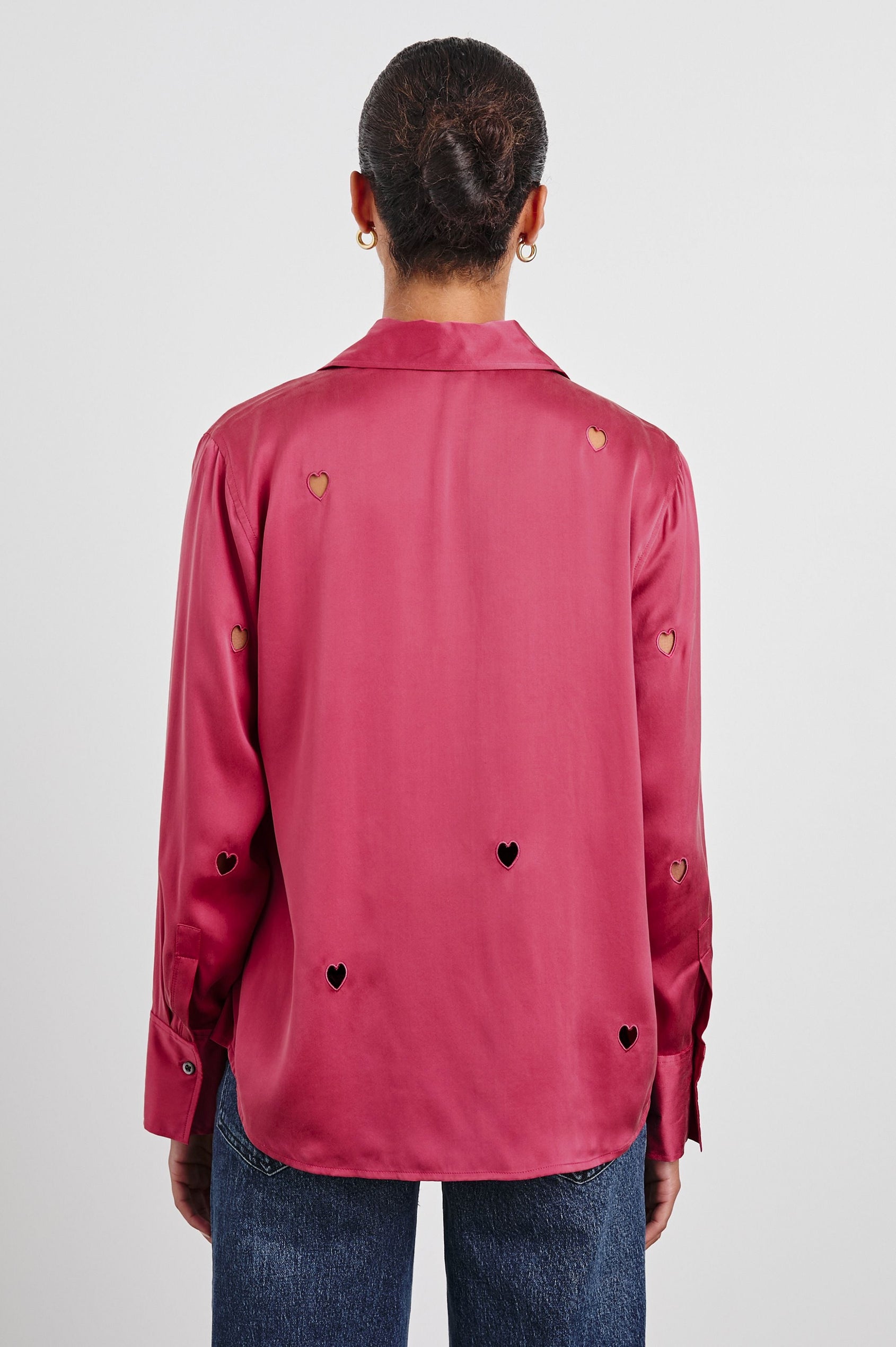 Jacey Long Sleeve Button Up with Cutout Hearts in Valentine Colorway, pink - Back View Featured on Model