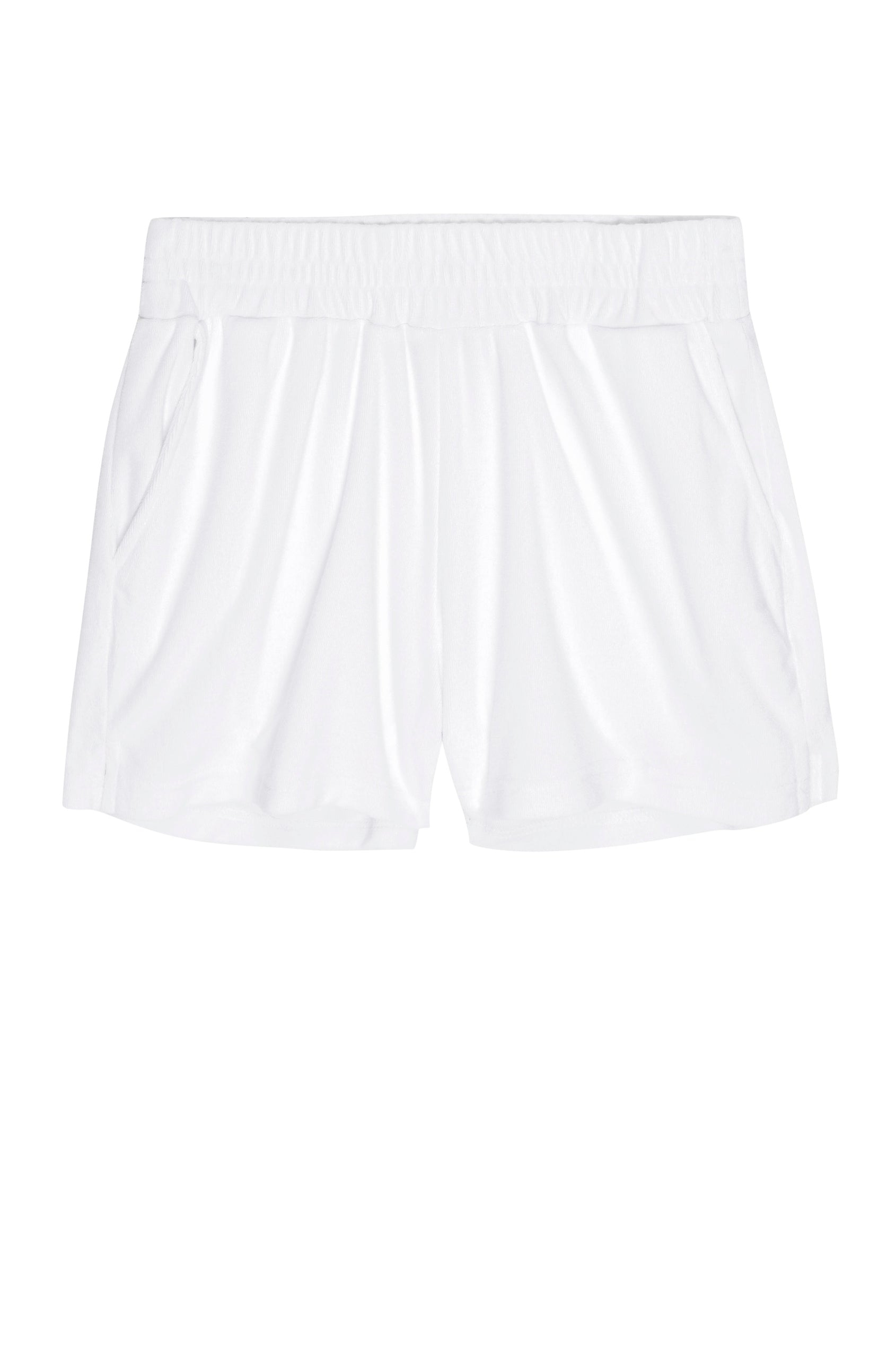 Jane Shorts with a Shirred Waist, Two Front Pockets and a Back Patch Pocket in Terry White Colorway - Front View 