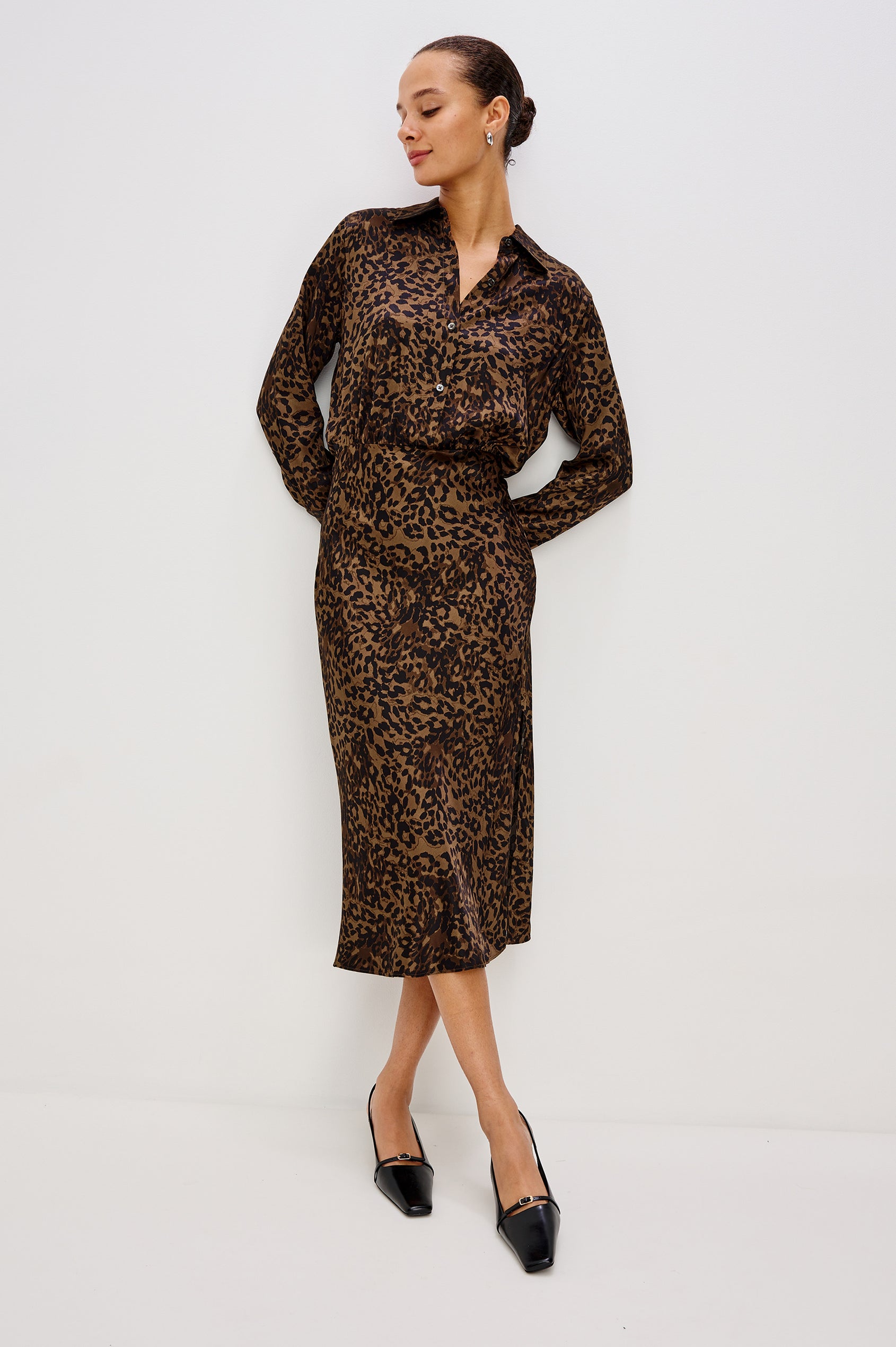 Jazlyn Midi Shirt Dress in Satin Back Crepe With a Collar, Front Buttons, and Long Sleeves in Ginger Spotted Leopard Print Colorway - Front View Featured on Model