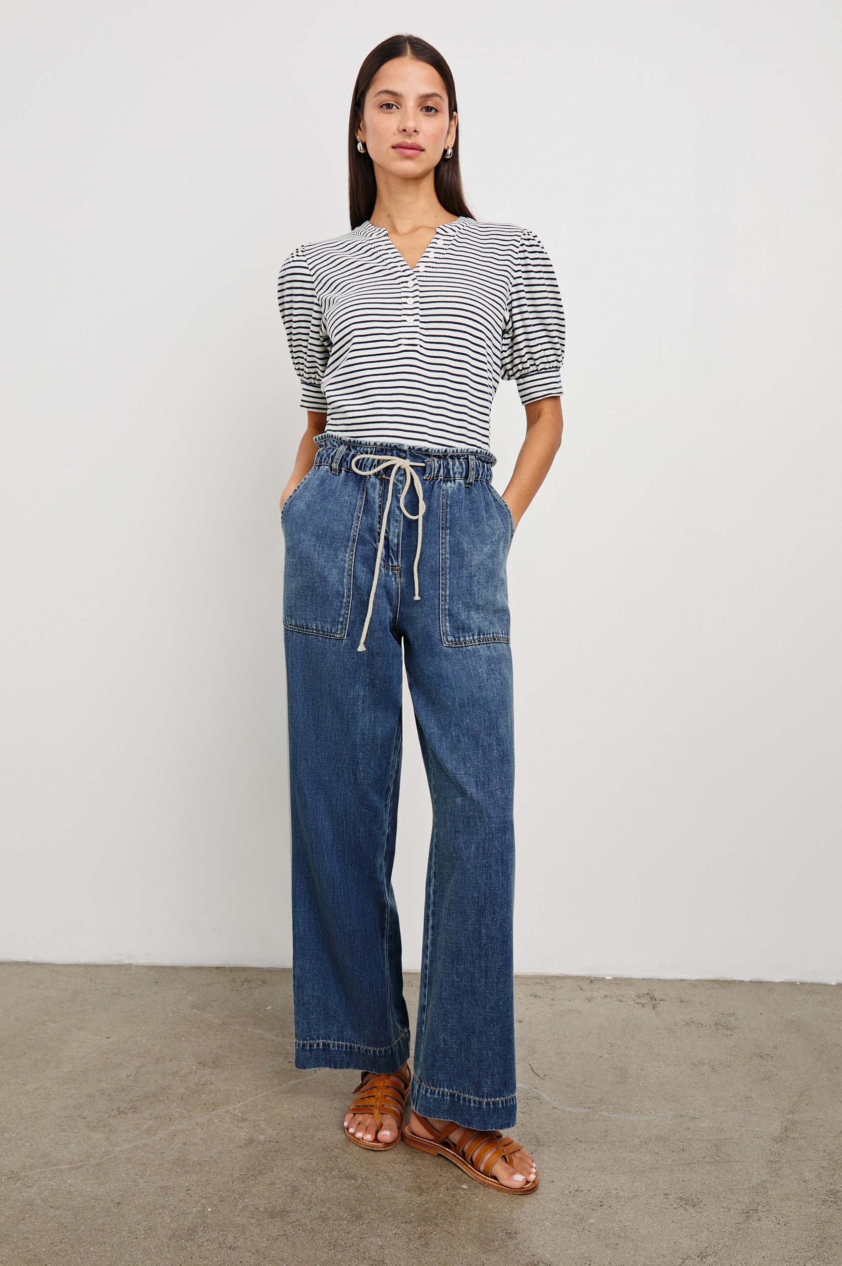 Jewel Puff Short Sleeve With Quarter Down Buttons In Colorway Ivory Navy Micro Stripe - Full Front Body View Featured On Model