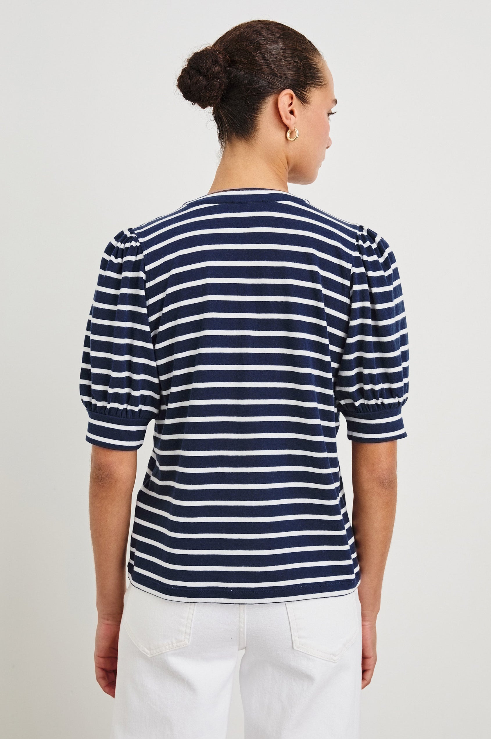Jewel Puff Short Sleeve With Quarter Down Buttons In Colorway Navy Ivory Stripe - back view on model