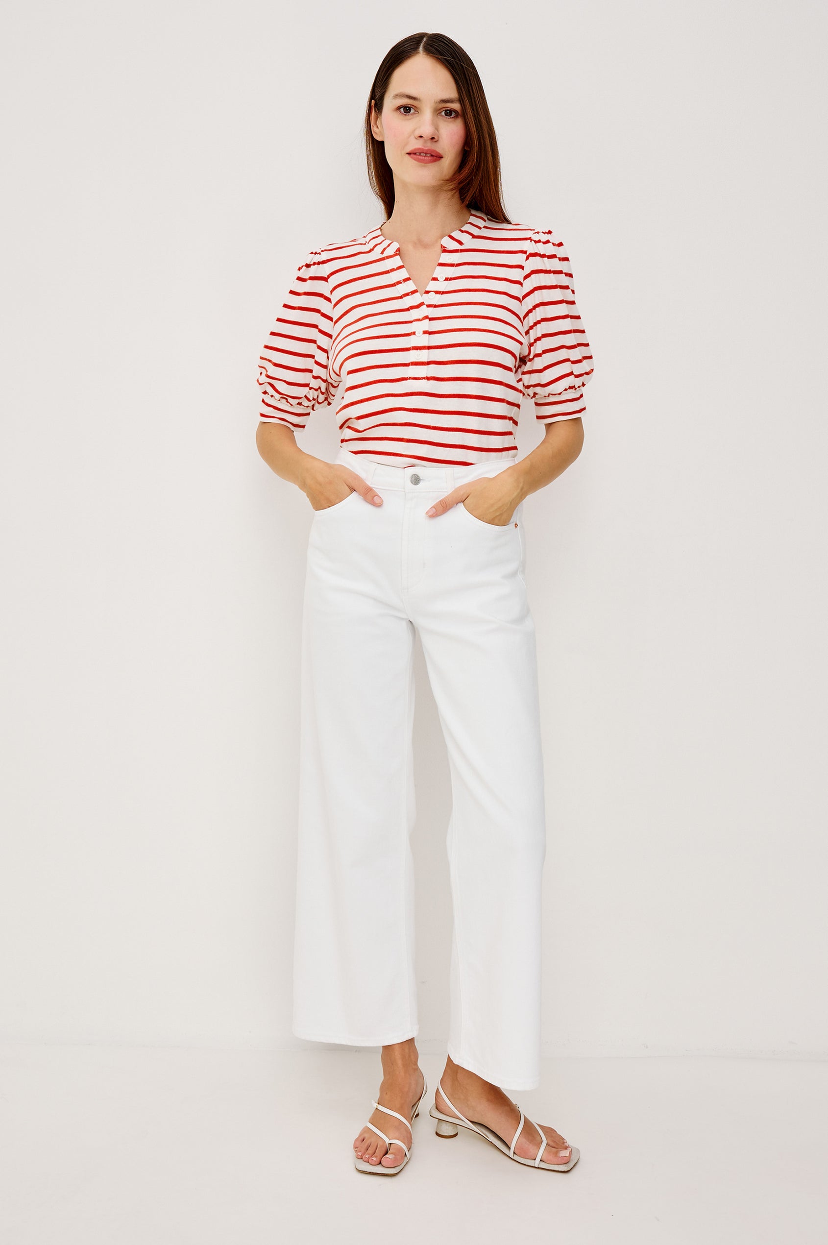 Jewel Top WIth Band Split V-Neck Front Buttons Short Puff Sleeves and Relaxed Fit in Scarlet Ivory Stripe Colorway - Full Body Front View Featured on Model