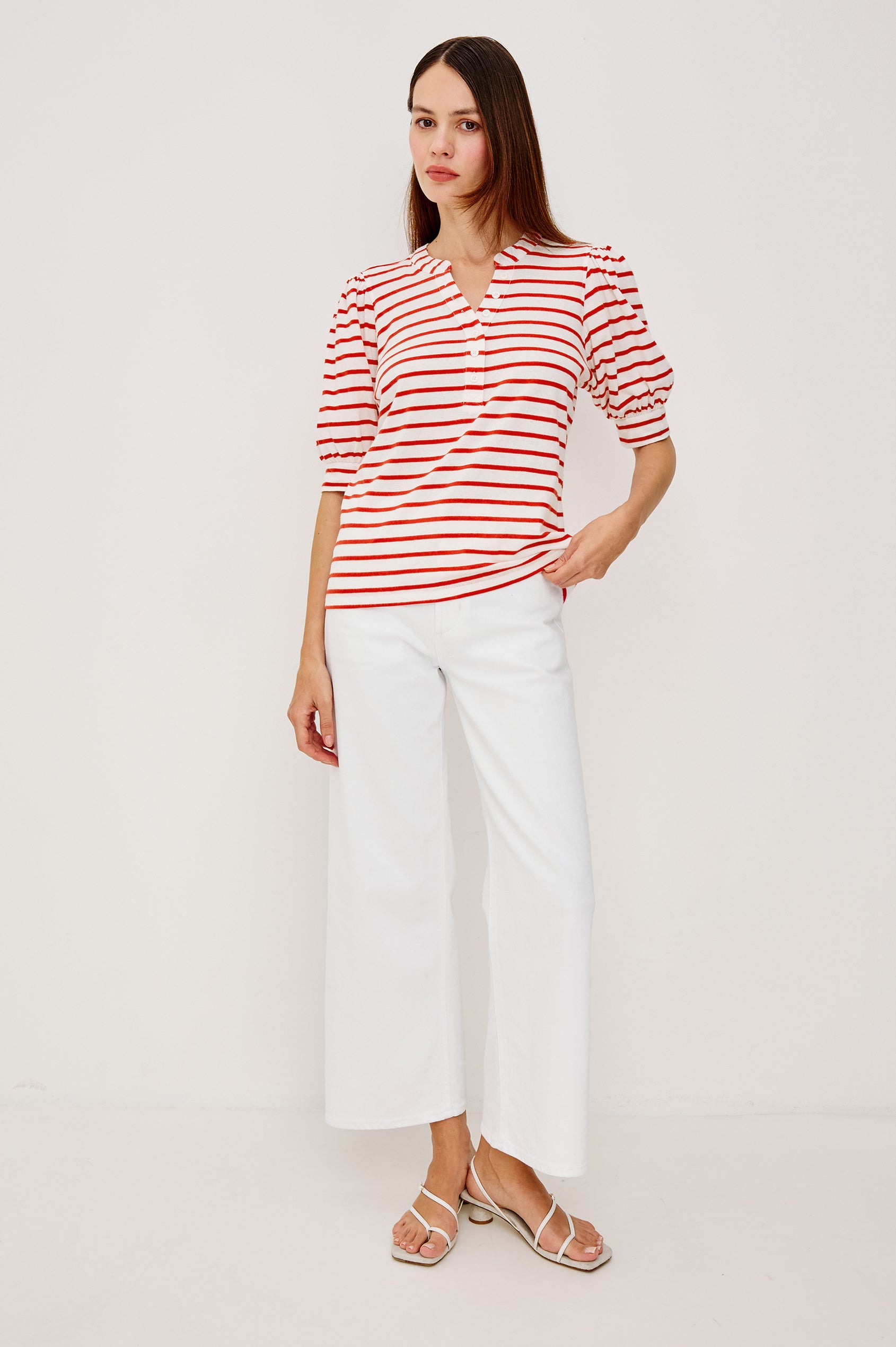 Jewel Top WIth Band Split V-Neck Front Buttons Short Puff Sleeves and Relaxed Fit in Scarlet Ivory Stripe Colorway - Full Body Front View Featured on Model