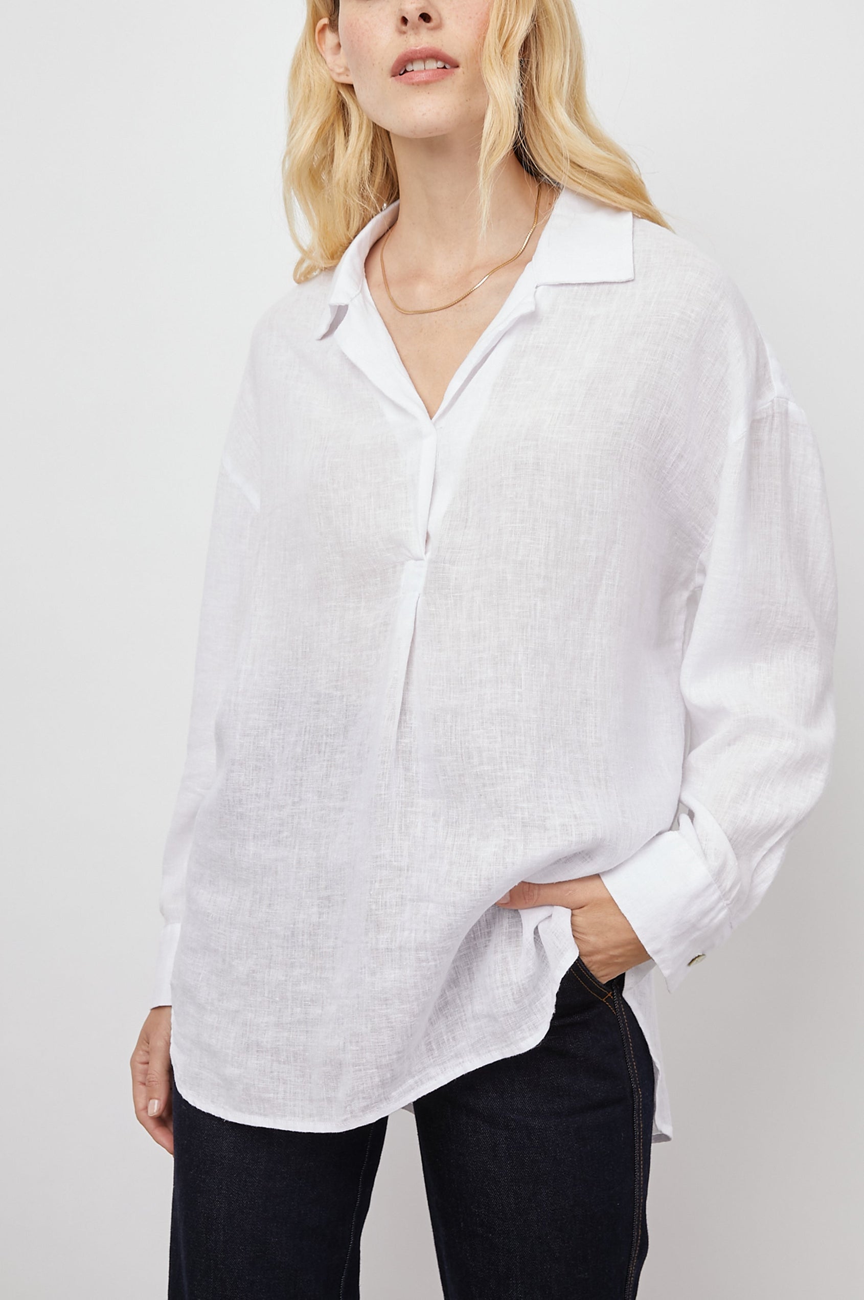Jocelyn Long-Sleeve Shirt with Button Cuffs, a Collar and a V Neck with a Half-Sealed Placket in White Colorway - Front View Featured on Model 