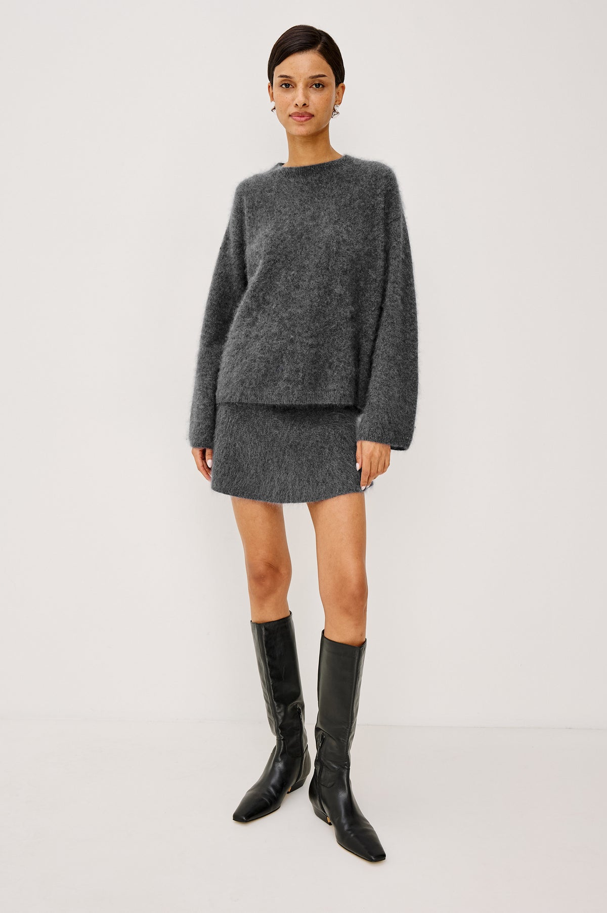 Joel Sweater in Brushed Wool With Oversized Boxy Relaxed Fit, Drop Shoulders, and Mock Neckline in Charcoal Colorway - Full Body Front View Featured on Model