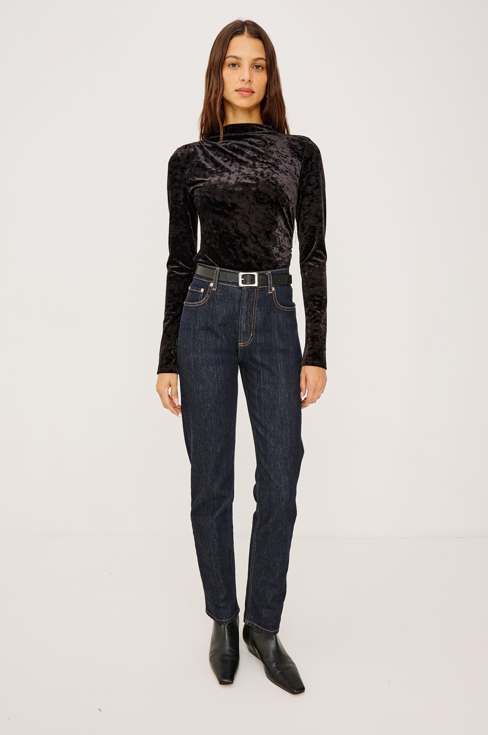 Joelle Top in Stretch Velvet With Subtle Mock Neck, Fitted Silhouette, Side Shirring, and Long Sleeves in Ginger Colorway - Full Body Front View Featued on Model