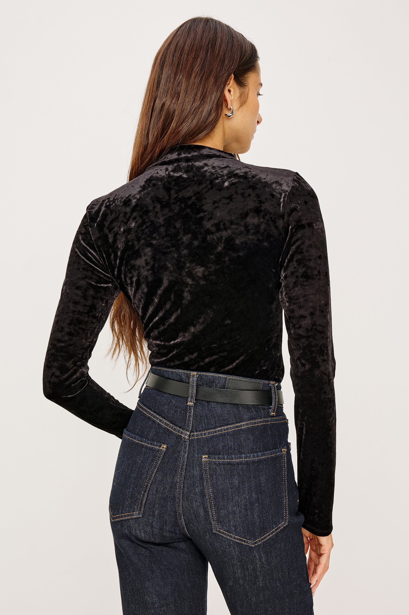 Joelle Top in Stretch Velvet With Subtle Mock Neck, Fitted Silhouette, Side Shirring, and Long Sleeves in Ginger Colorway - Upper Body Back View Featued on Model