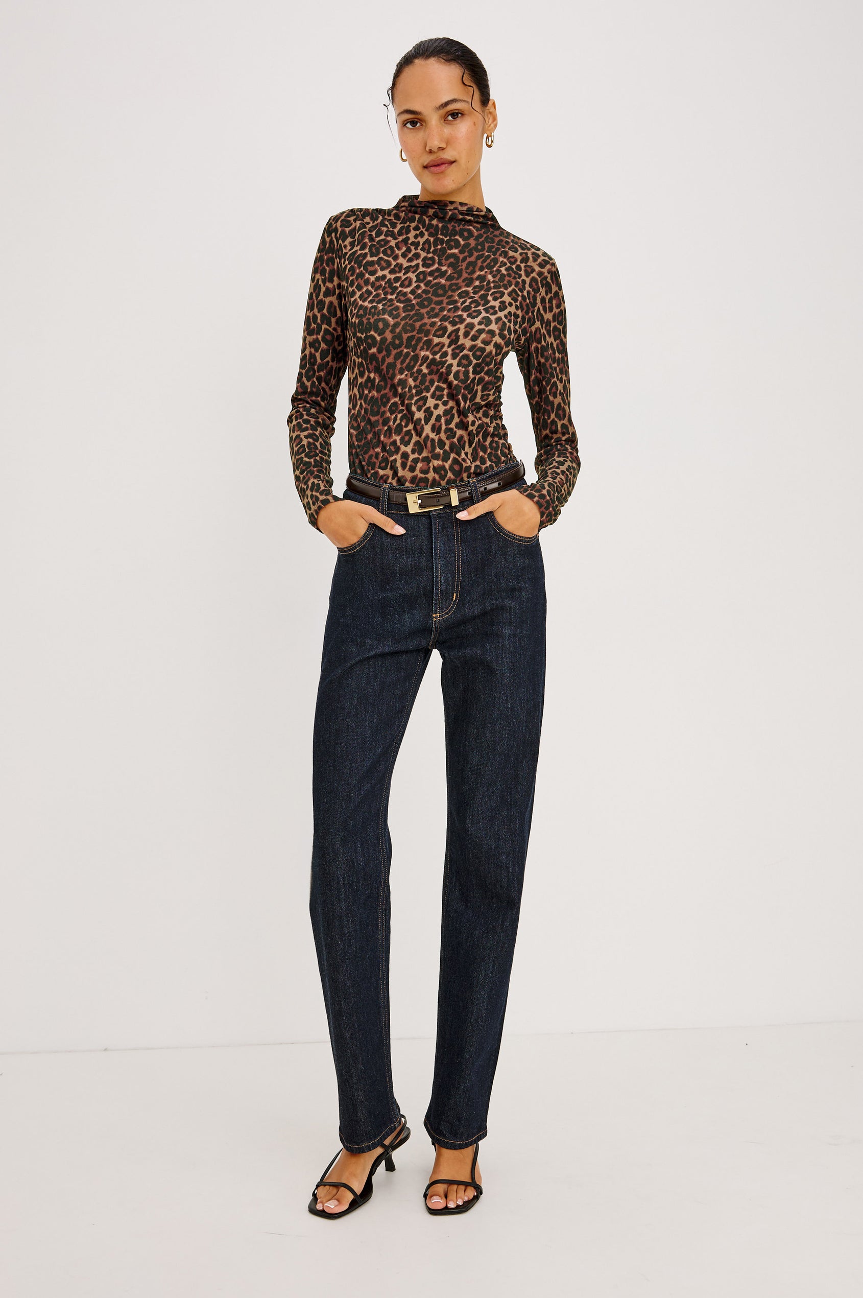 Joelle Top in Mesh With High Funnel Neckline, Long Sleeves, Self-Lined Body, and Asymmetric Ruching at Shoulder and Waist in Brown Nala Colorway - Full Body Front View Featured on Model