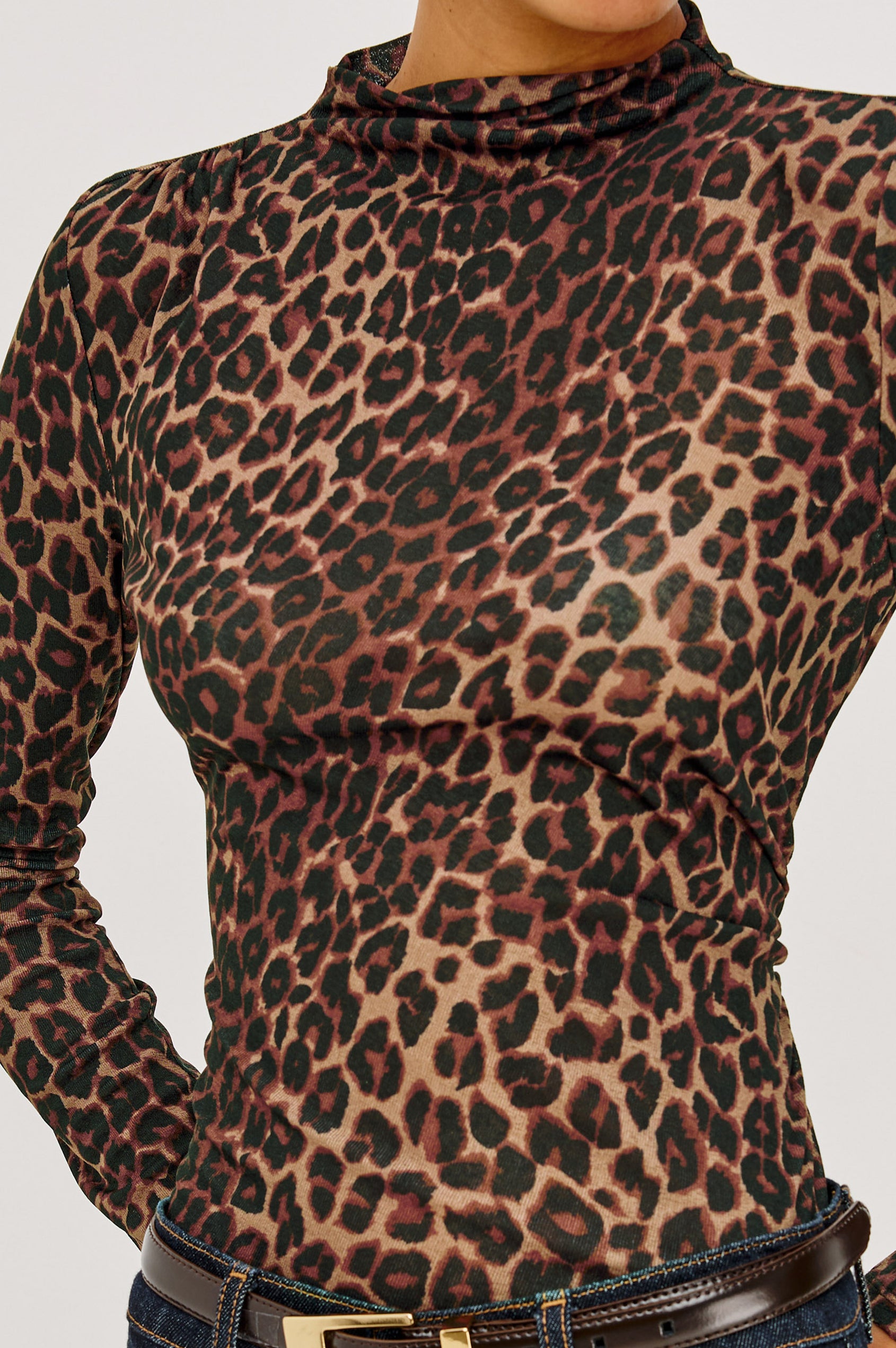 Joelle Top in Mesh With High Funnel Neckline, Long Sleeves, Self-Lined Body, and Asymmetric Ruching at Shoulder and Waist in Brown Nala Colorway - Upper Body Close Up Front View Featured on Model