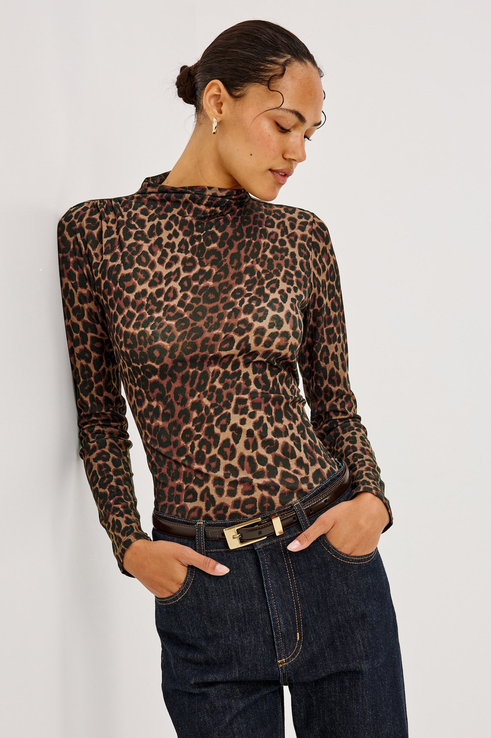 Joelle Top in Mesh With High Funnel Neckline, Long Sleeves, Self-Lined Body, and Asymmetric Ruching at Shoulder and Waist in Brown Nala Colorway - Upper Body Front View Featured on Model