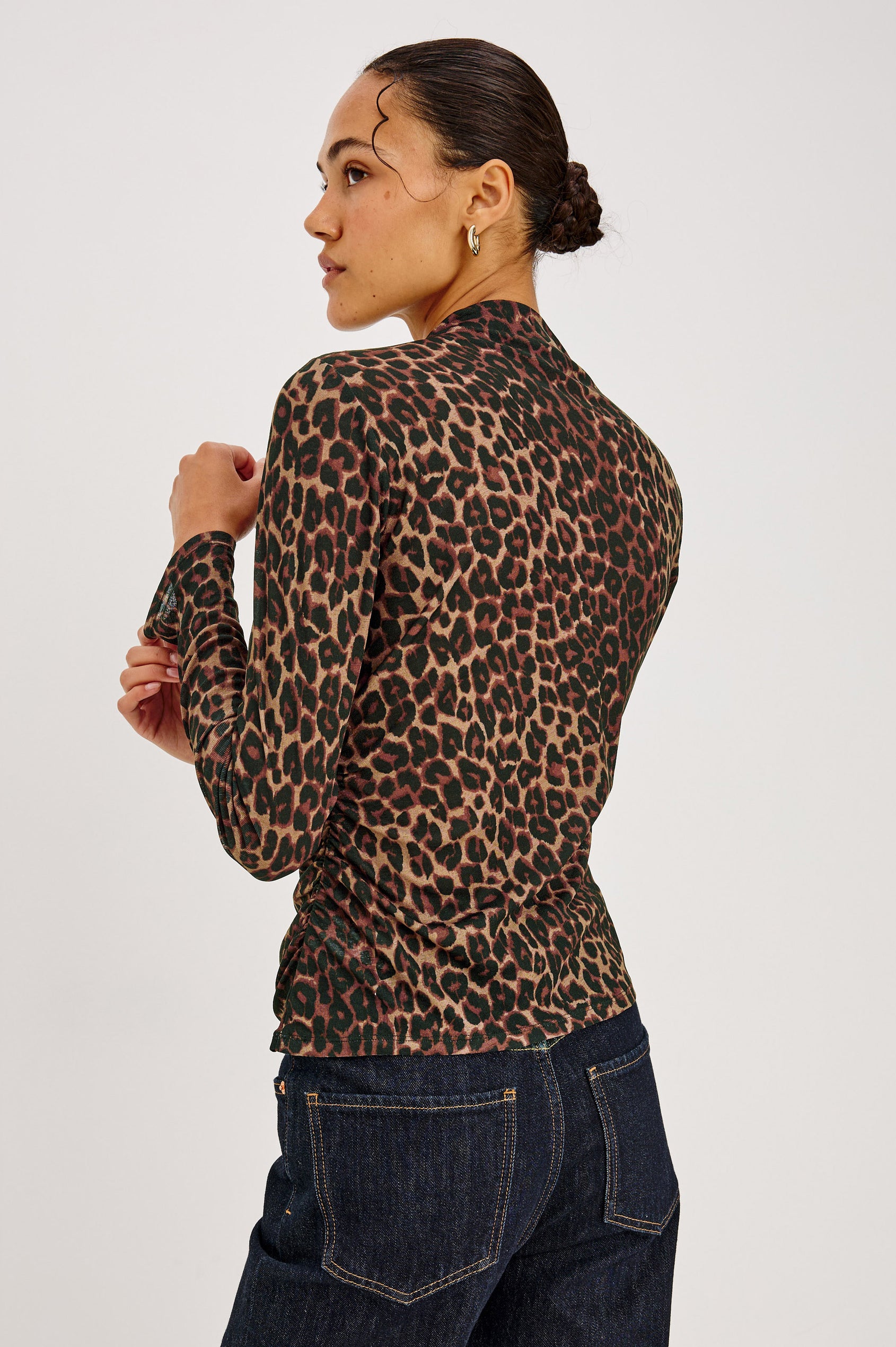 Joelle Top in Mesh With High Funnel Neckline, Long Sleeves, Self-Lined Body, and Asymmetric Ruching at Shoulder and Waist in Brown Nala Colorway - Upper Body Back View Featured on Model