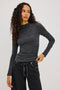 Joelle Top in Soft Jersey With High Funnel Neckline, Long Sleeves, Self-Lined Body, and Asymmetric Ruching at Shoulder and Waist in Charcoal Colorway - Upper Body Front View Featured on Model
