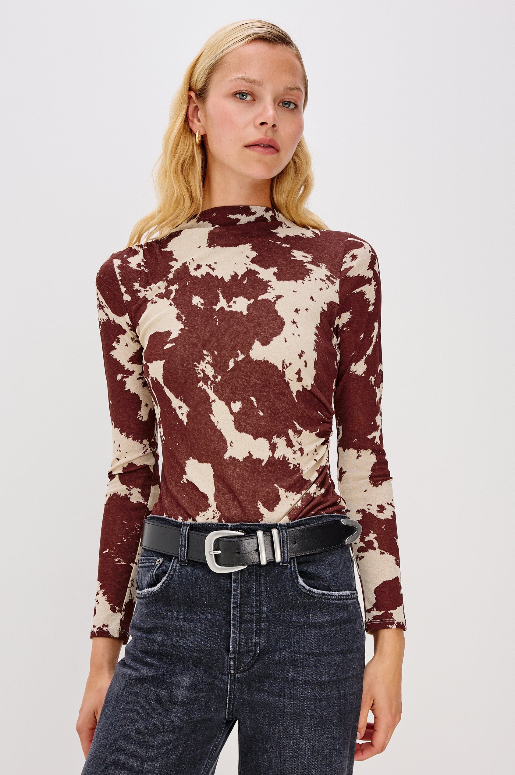 Joelle Long Sleeve Top with An Asymmetrical Mock Neck and Shirring on the Right Shoulder in Cowgirl Colorway - Front View Featured on Model